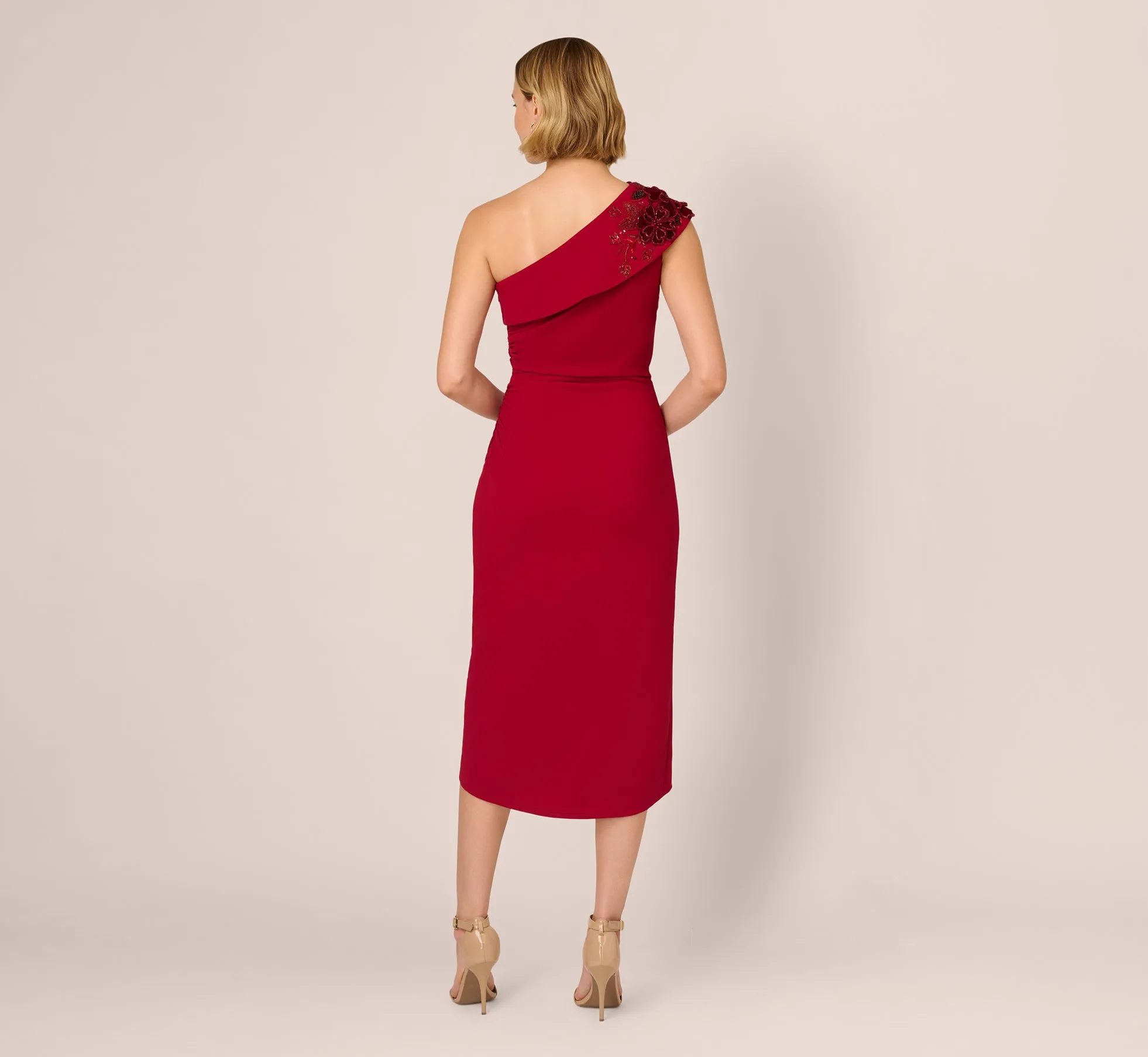 Beaded Crepe One Shoulder Wrap Dress In Cranberry sold by Adrianna Papell product image thumbnail 4