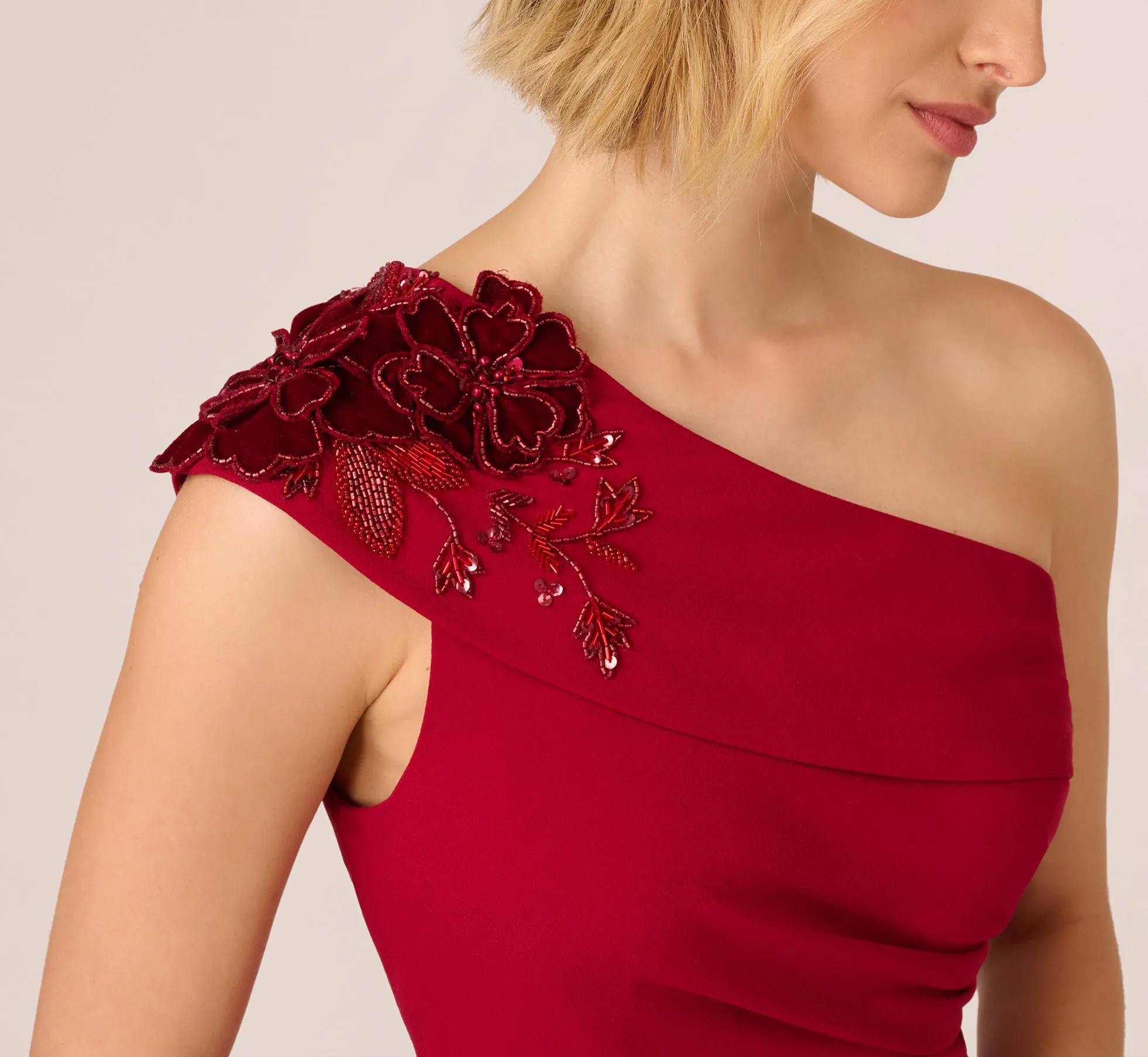 Beaded Crepe One Shoulder Wrap Dress In Cranberry sold by Adrianna Papell product image thumbnail 3