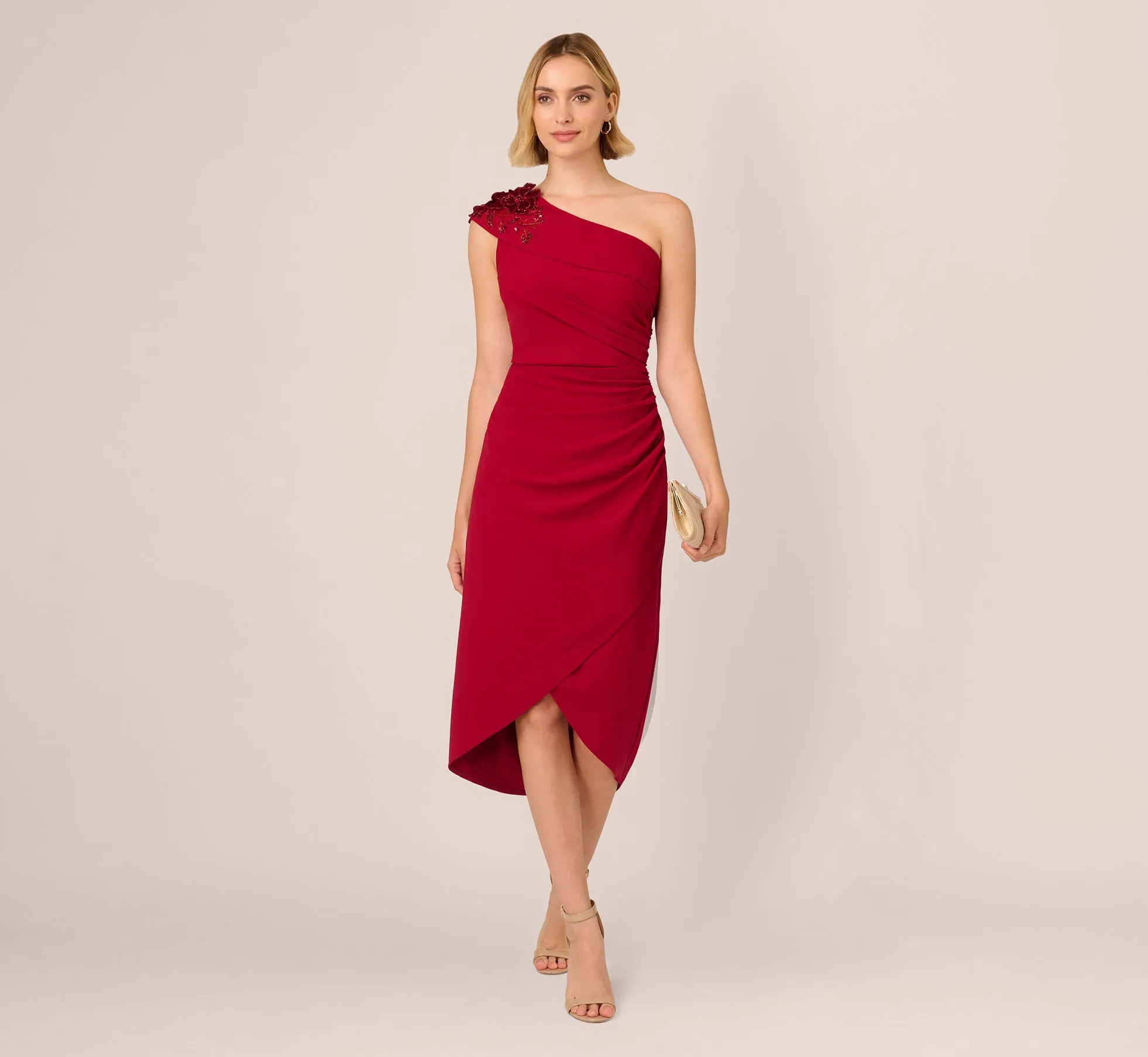 Beaded Crepe One Shoulder Wrap Dress In Cranberry sold by Adrianna Papell product image thumbnail 2