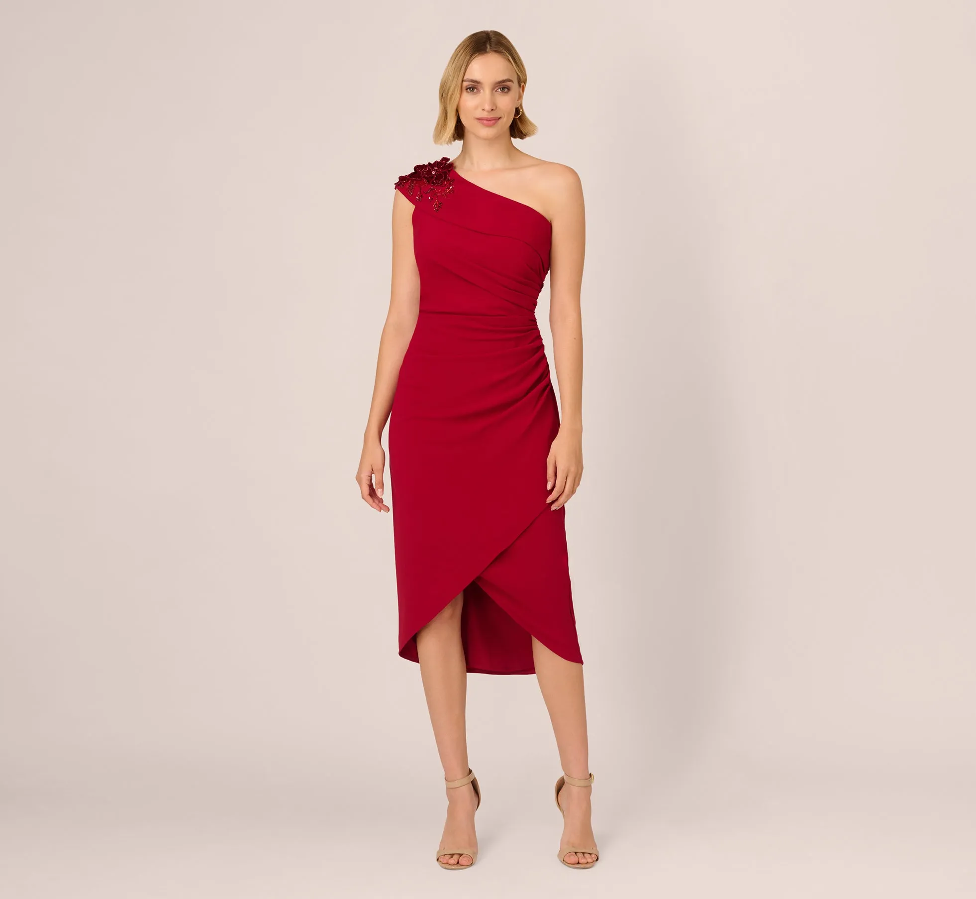 Beaded Crepe One Shoulder Wrap Dress In Cranberry sold by Adrianna Papell