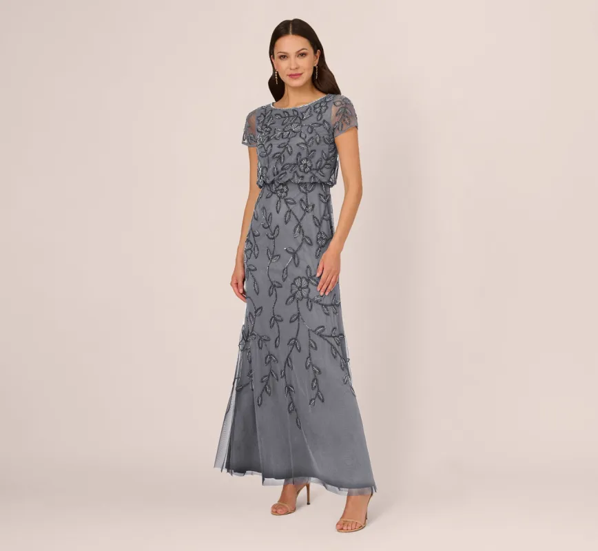 Jasmine Beaded Blouson Gown With Sheer Short Sleeves In Dusty Blue sold by Adrianna Papell