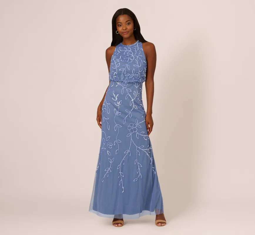 Sleeveless Blouson Mermaid Gown With Jasmine Beading In French Blue sold by Adrianna Papell