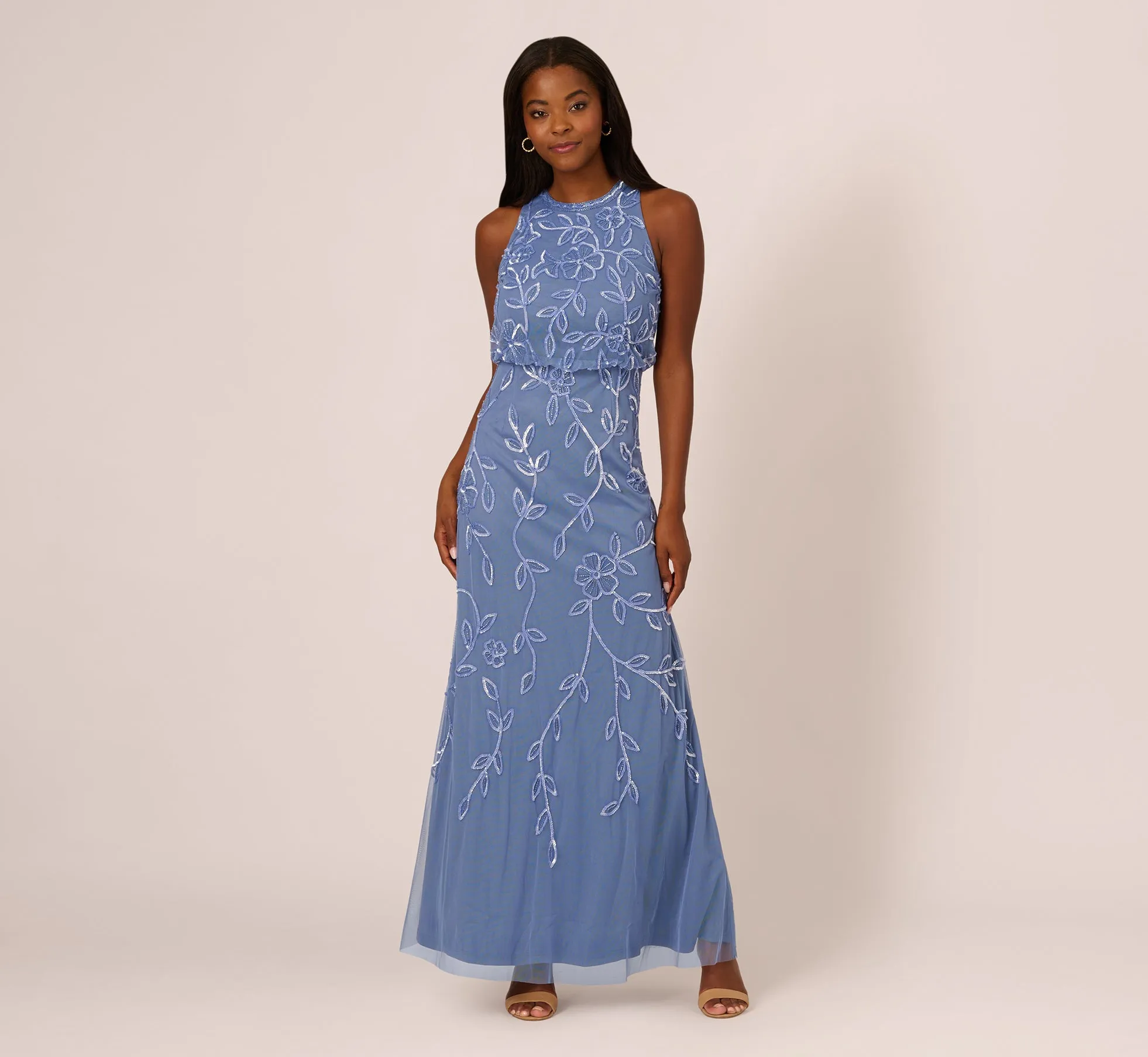 Sleeveless Blouson Mermaid Gown With Jasmine Beading In French Blue sold by Adrianna Papell
