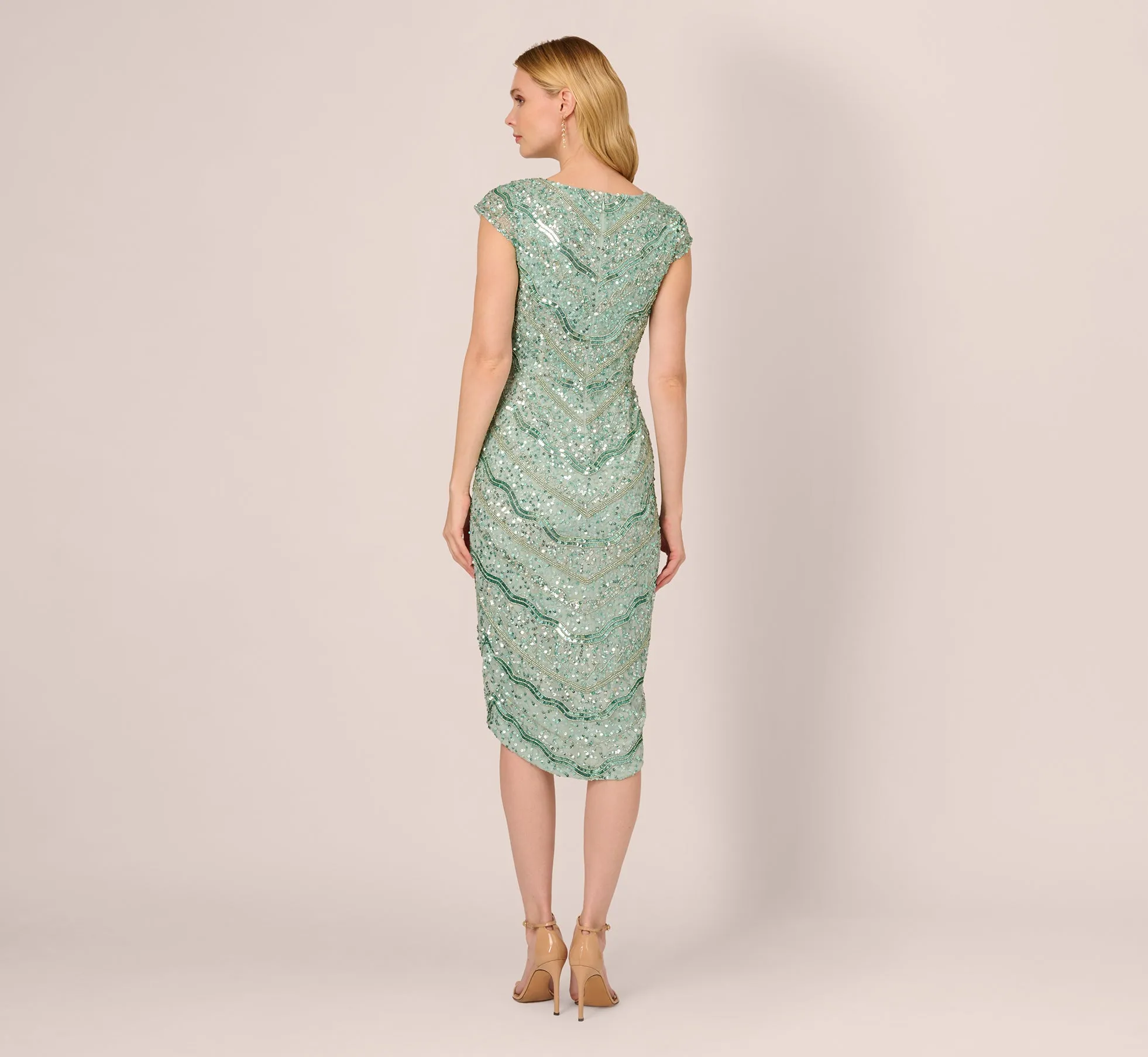 Beaded Faux Wrap Dress With Sheer Cap Sleeves In Icy Sage sold by Adrianna Papell product image thumbnail 4