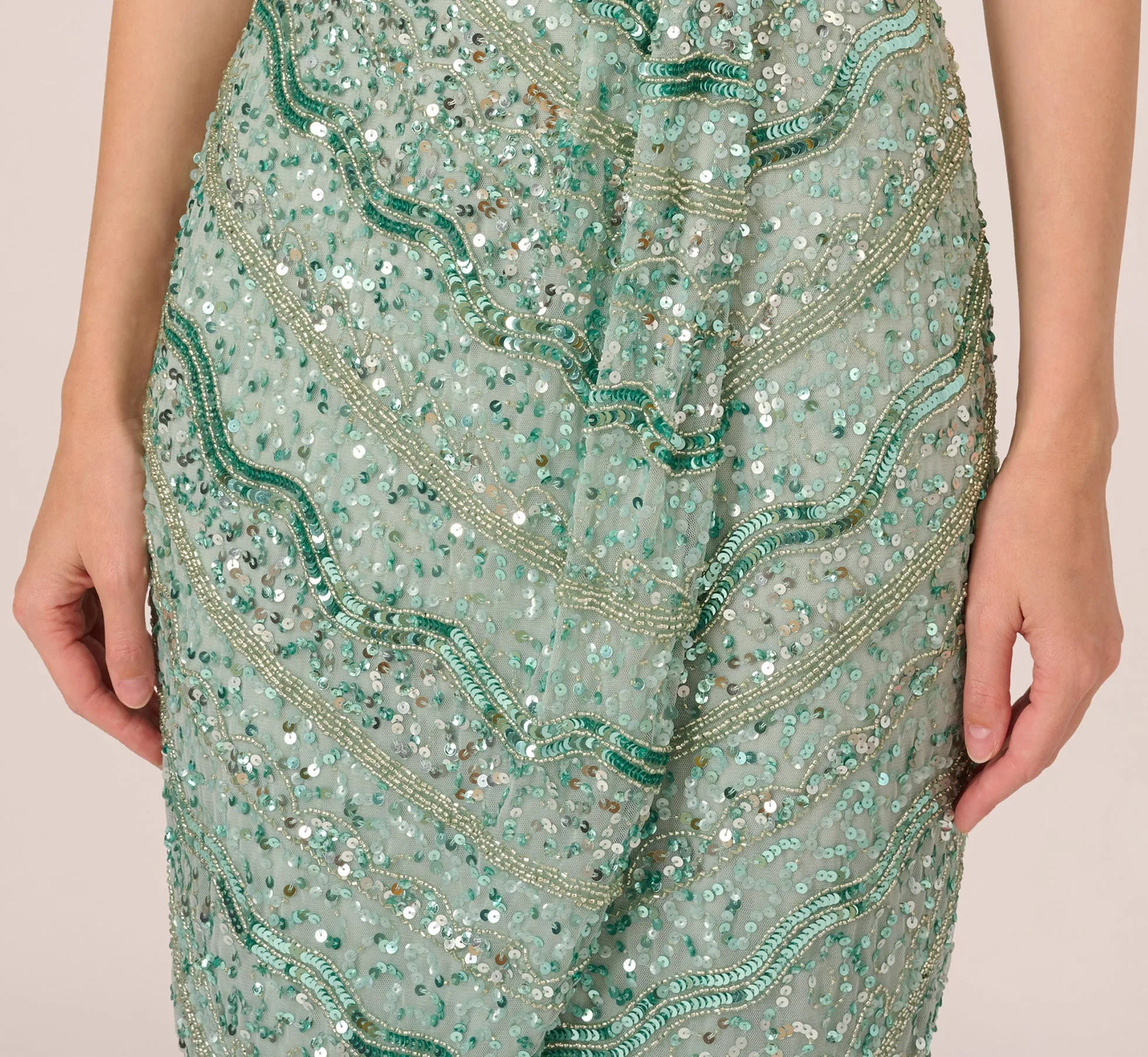 Beaded Faux Wrap Dress With Sheer Cap Sleeves In Icy Sage sold by Adrianna Papell product image thumbnail 3