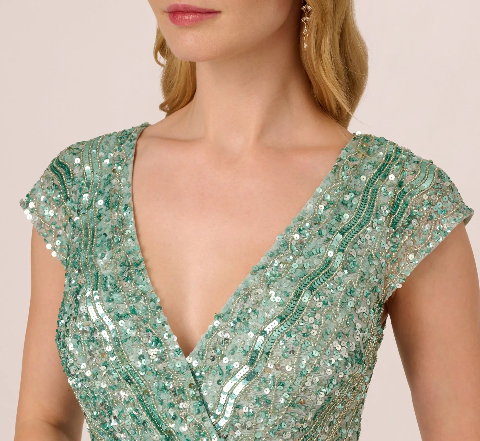 Beaded Faux Wrap Dress With Sheer Cap Sleeves In Icy Sage sold by Adrianna Papell product image thumbnail 5