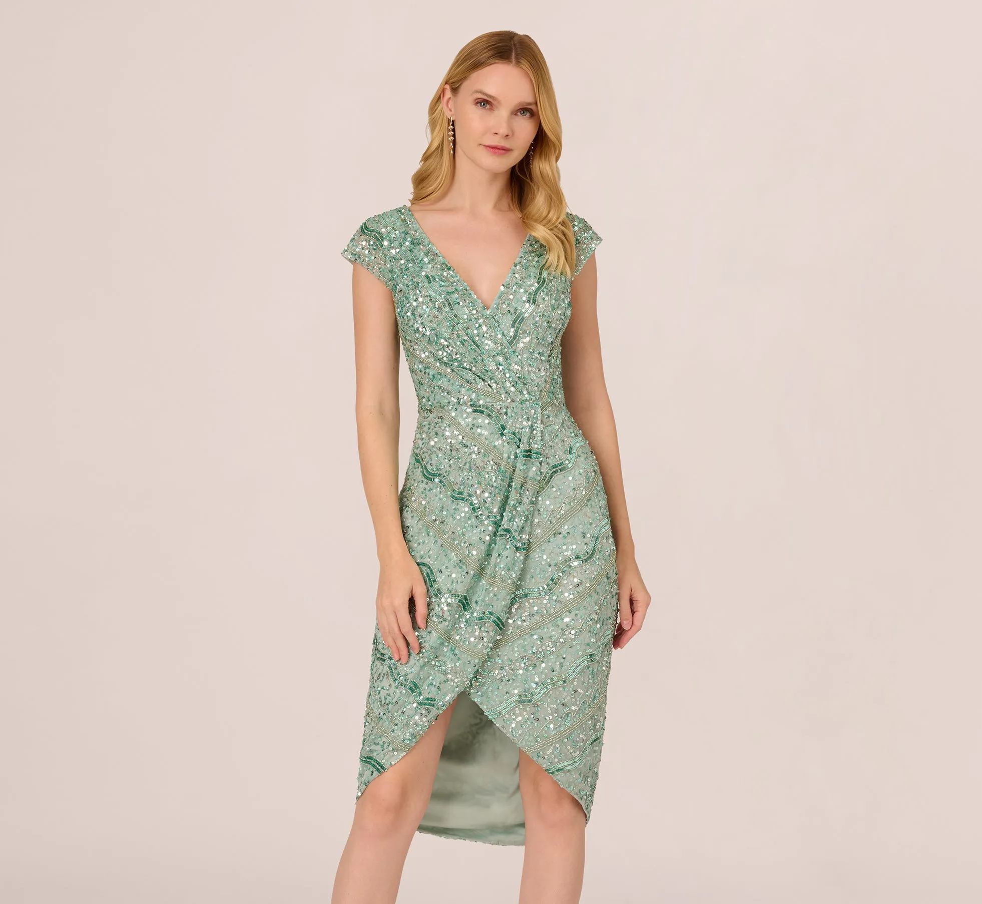 Beaded Faux Wrap Dress With Sheer Cap Sleeves In Icy Sage sold by Adrianna Papell