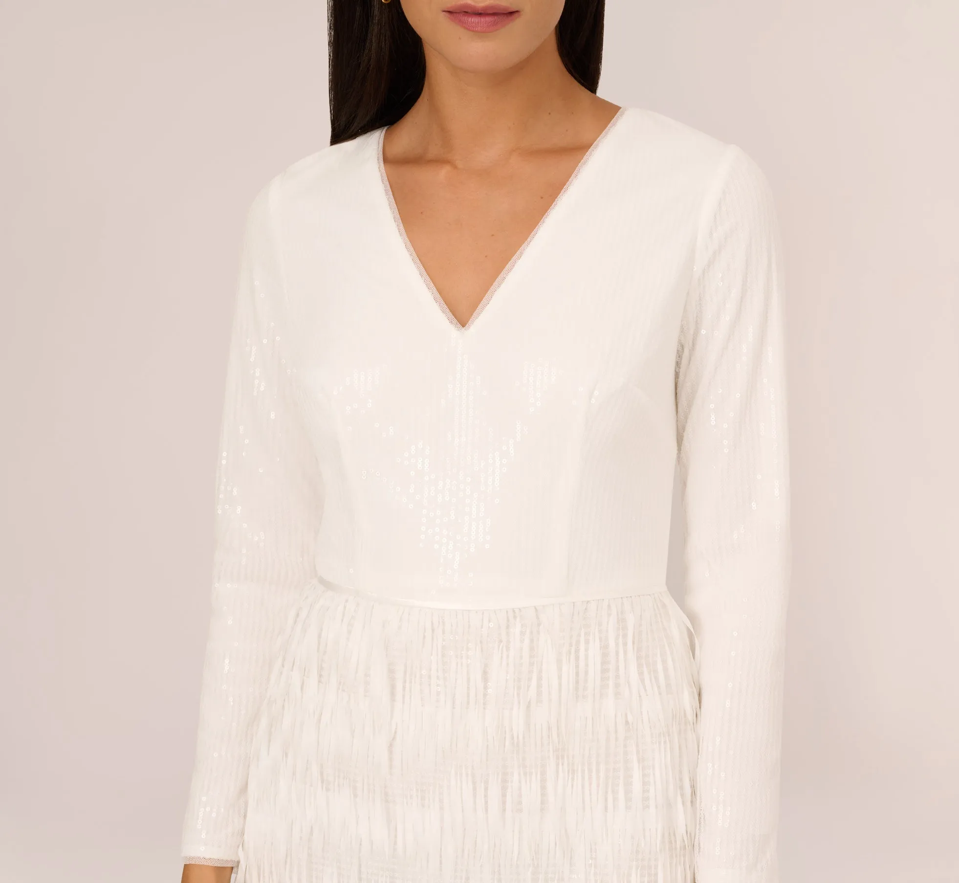 Long Sleeve Sequin Fringe Cocktail Dress In Ivory sold by Adrianna Papell product image thumbnail 3