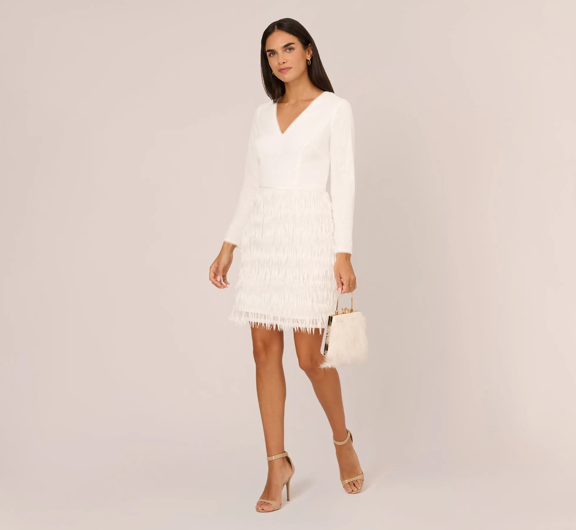 Long Sleeve Sequin Fringe Cocktail Dress In Ivory sold by Adrianna Papell product image thumbnail 2