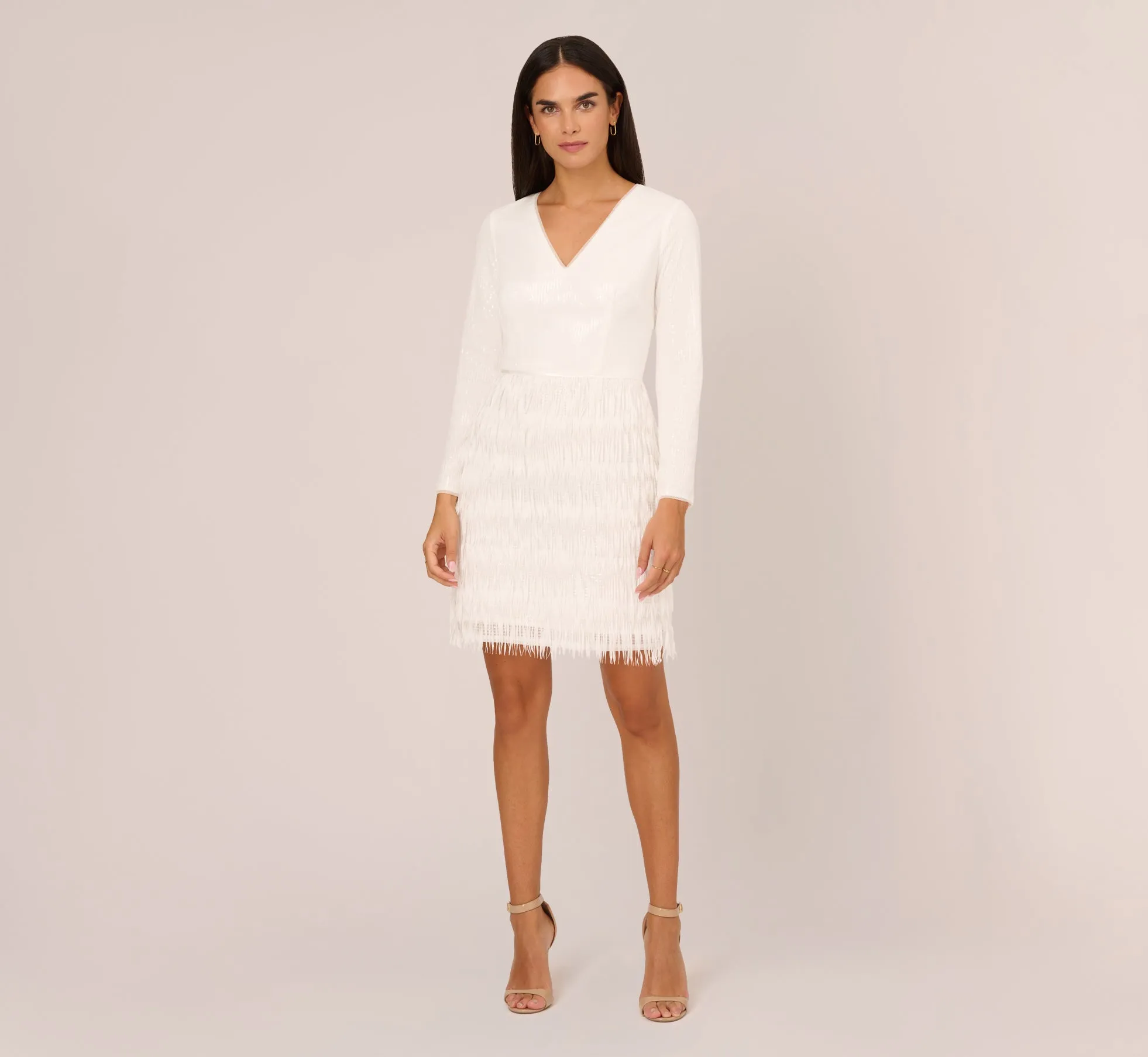 Long Sleeve Sequin Fringe Cocktail Dress In Ivory sold by Adrianna Papell