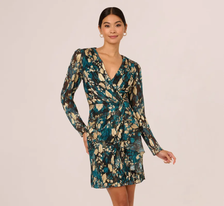 Crinkle Foil Wrap Dress In Teal Sapphire Gold sold by Adrianna Papell