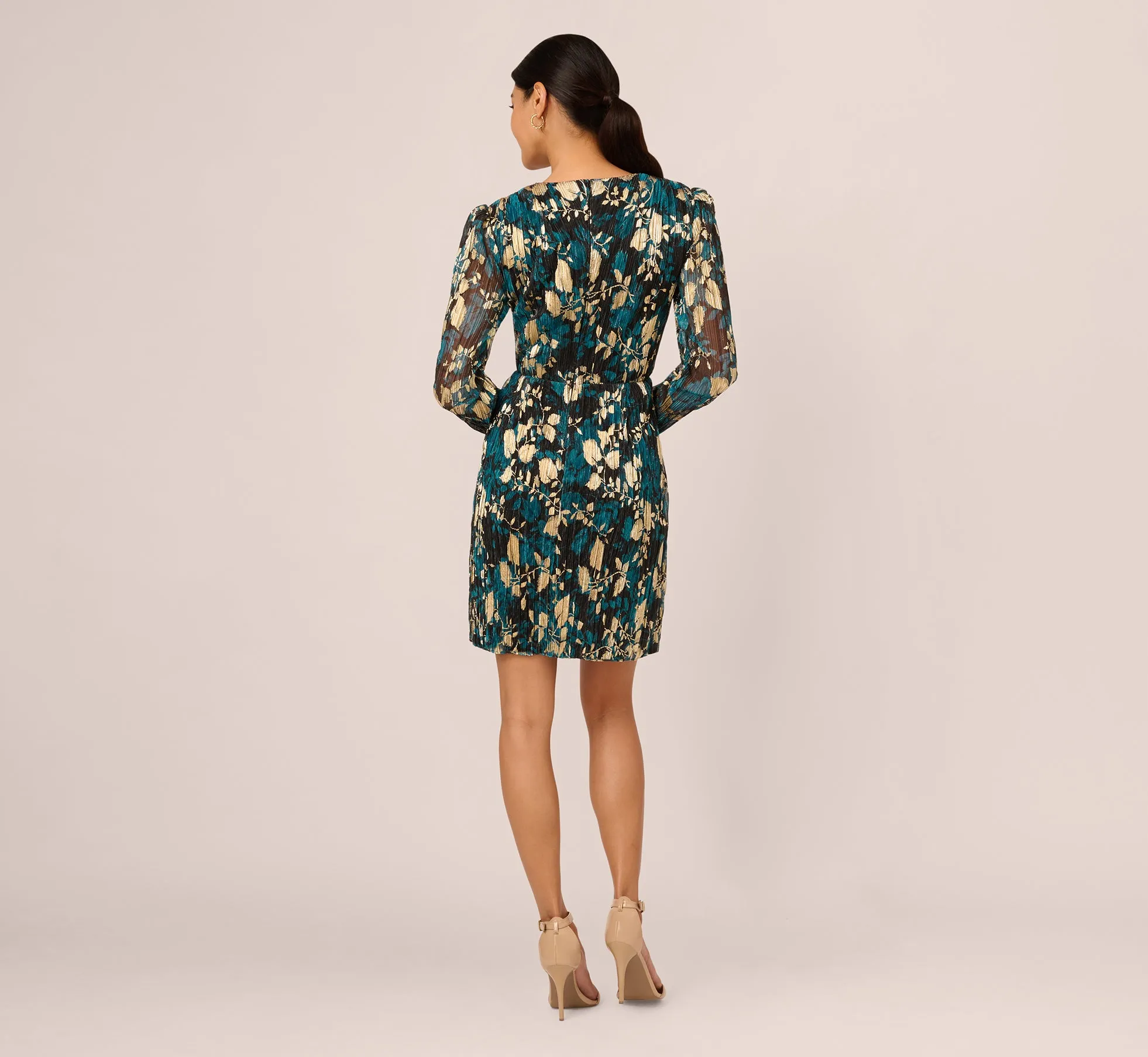 Crinkle Foil Wrap Dress In Teal Sapphire Gold sold by Adrianna Papell product image thumbnail 4
