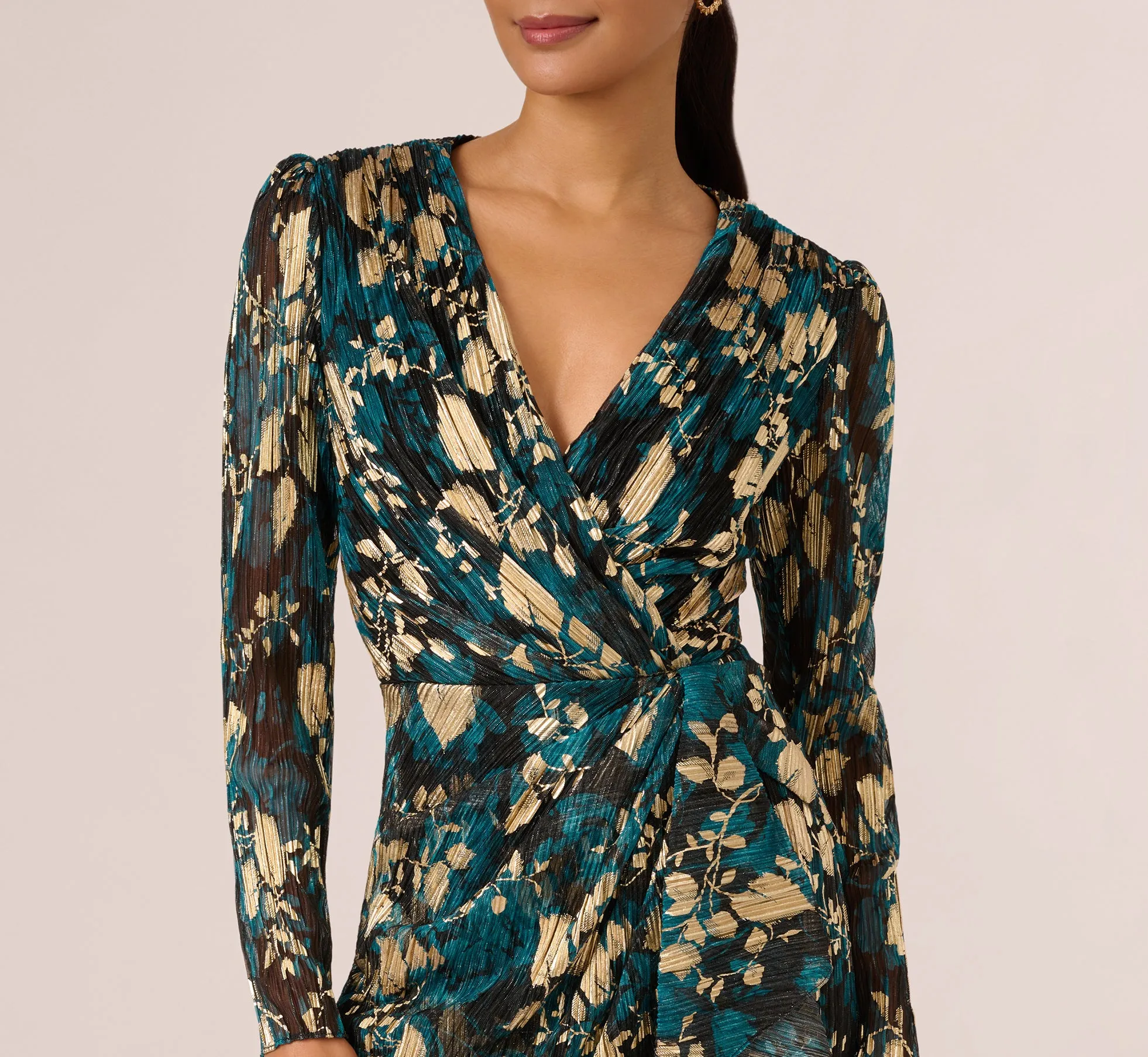Crinkle Foil Wrap Dress In Teal Sapphire Gold sold by Adrianna Papell product image thumbnail 5