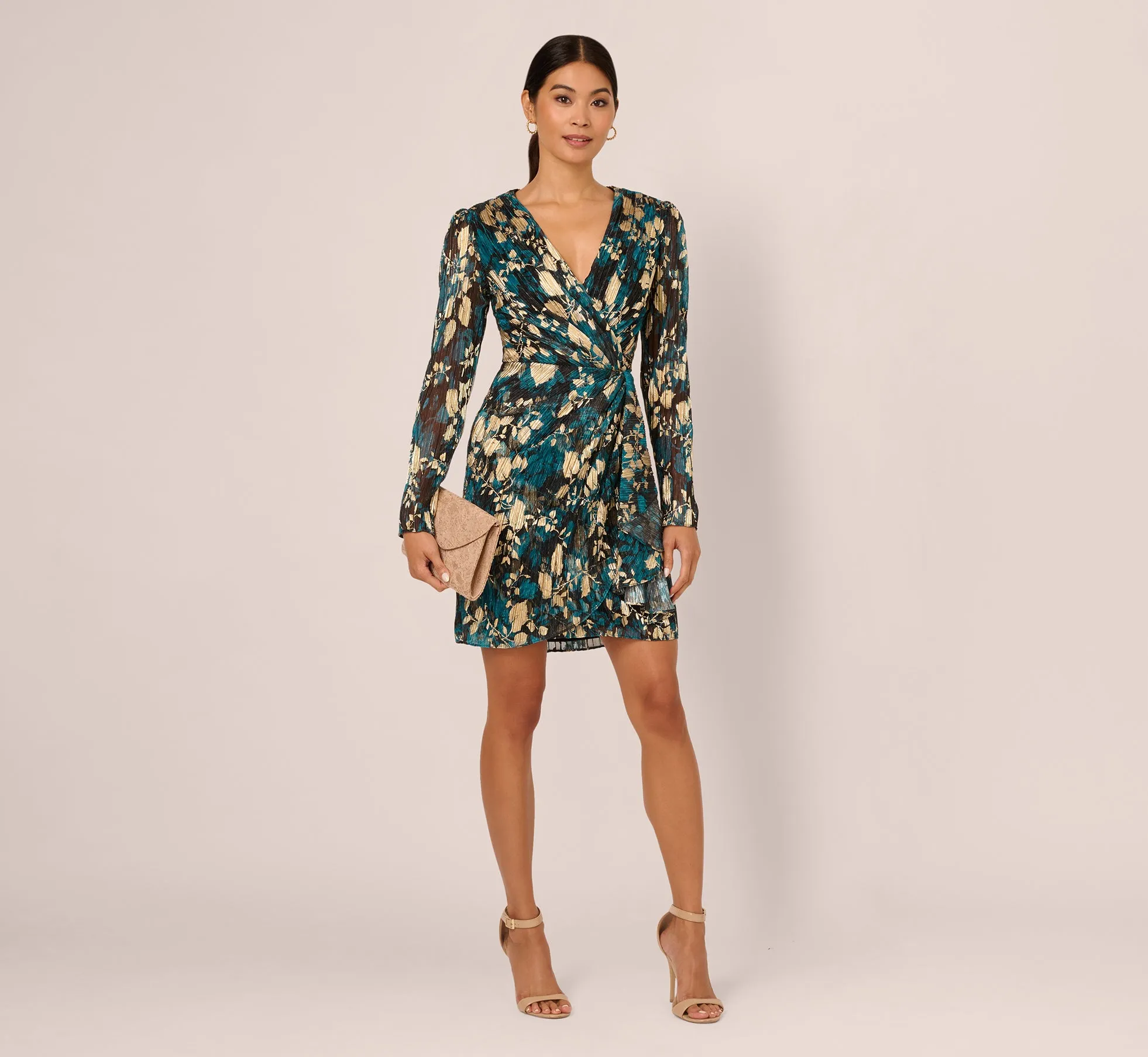 Crinkle Foil Wrap Dress In Teal Sapphire Gold sold by Adrianna Papell product image thumbnail 2