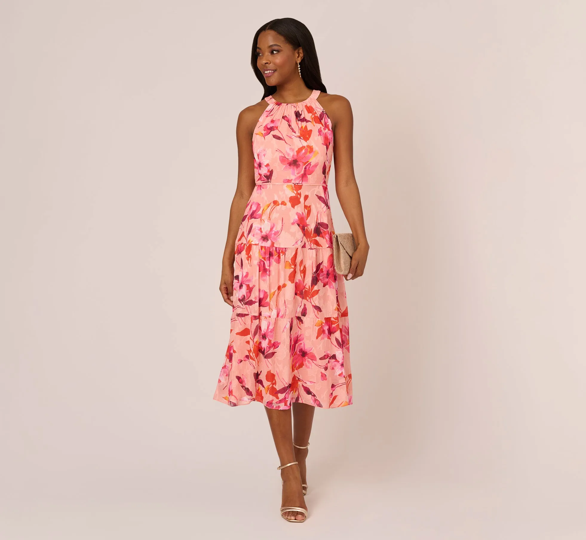 Floral Chiffon Halter Dress With Tiered Skirt In Apricot Multi sold by Adrianna Papell product image thumbnail 2