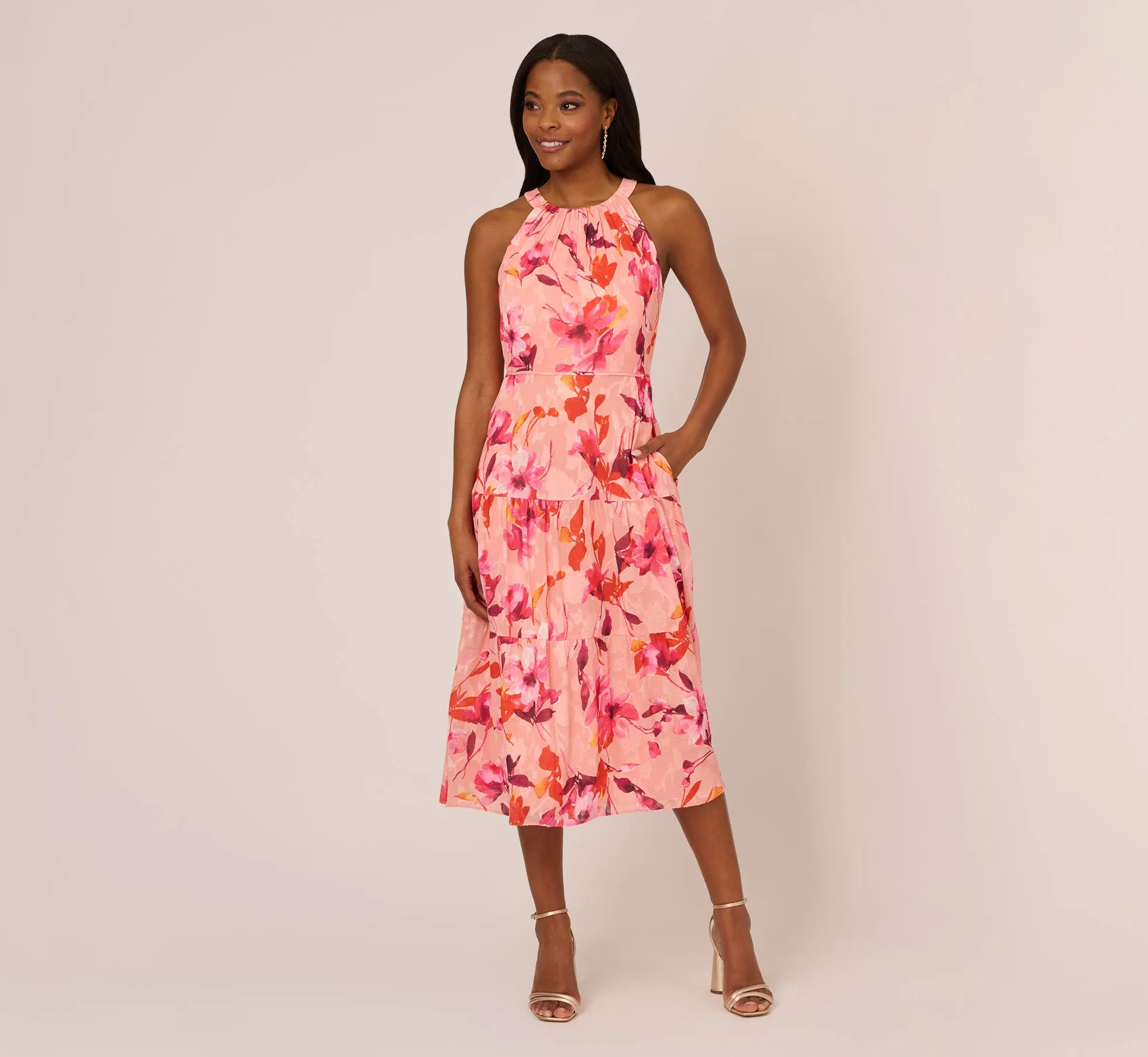 Floral Chiffon Halter Dress With Tiered Skirt In Apricot Multi sold by Adrianna Papell