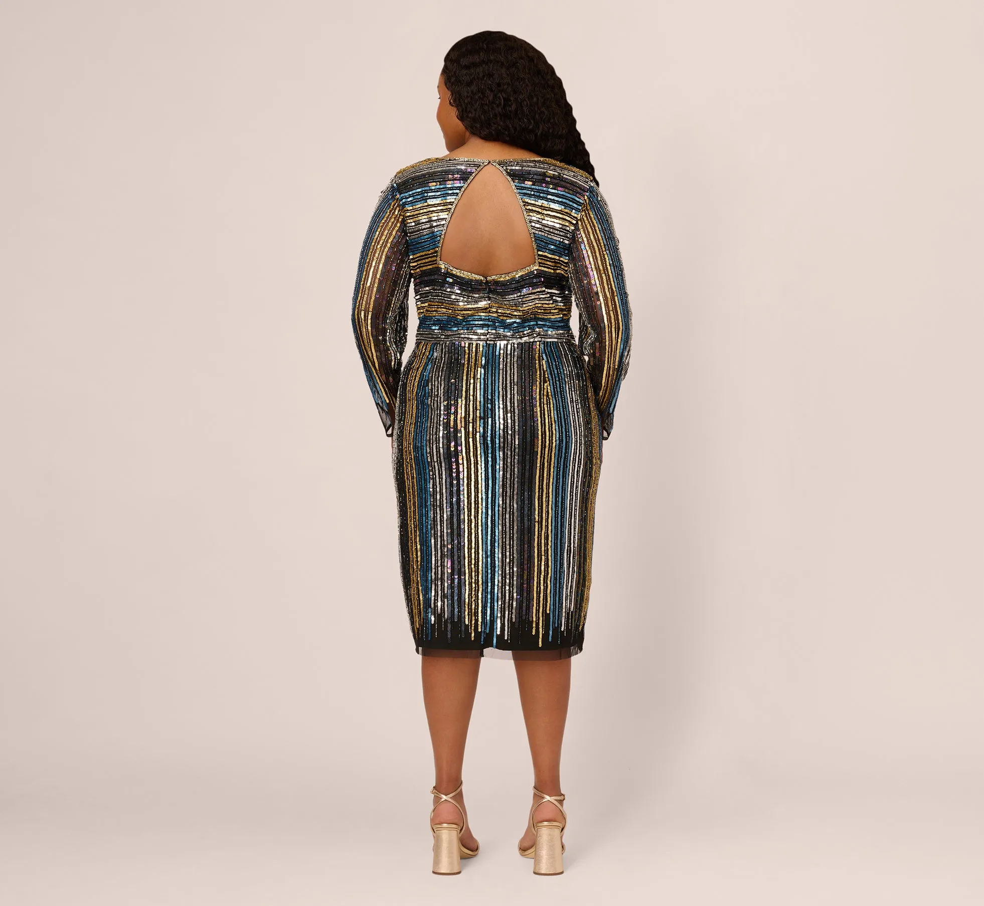 Plus Size Sequin Beaded Sheath Dress With Sheer Long Sleeves In Black Blue Multi sold by Adrianna Papell product image thumbnail 4