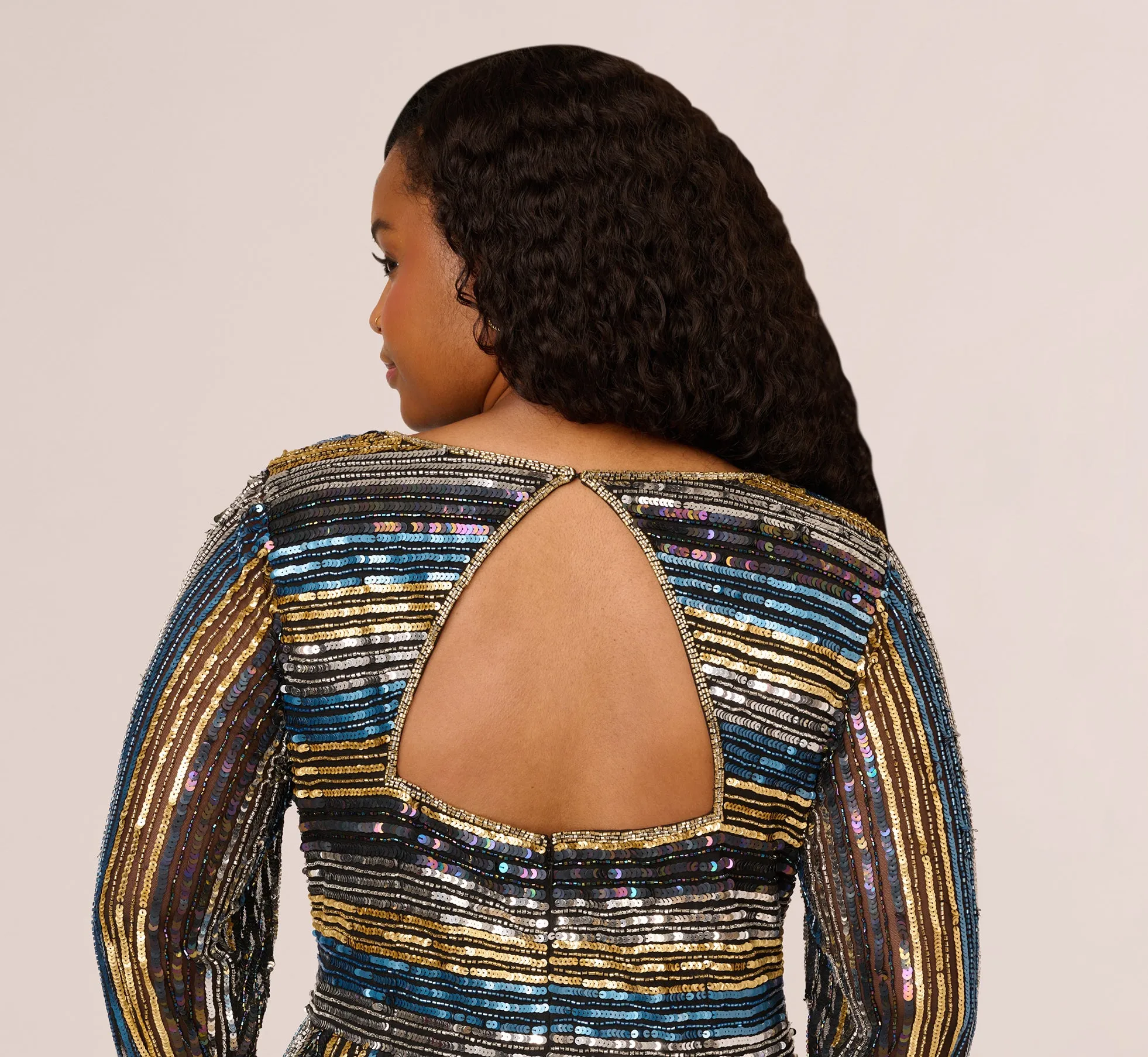 Plus Size Sequin Beaded Sheath Dress With Sheer Long Sleeves In Black Blue Multi sold by Adrianna Papell product image thumbnail 5