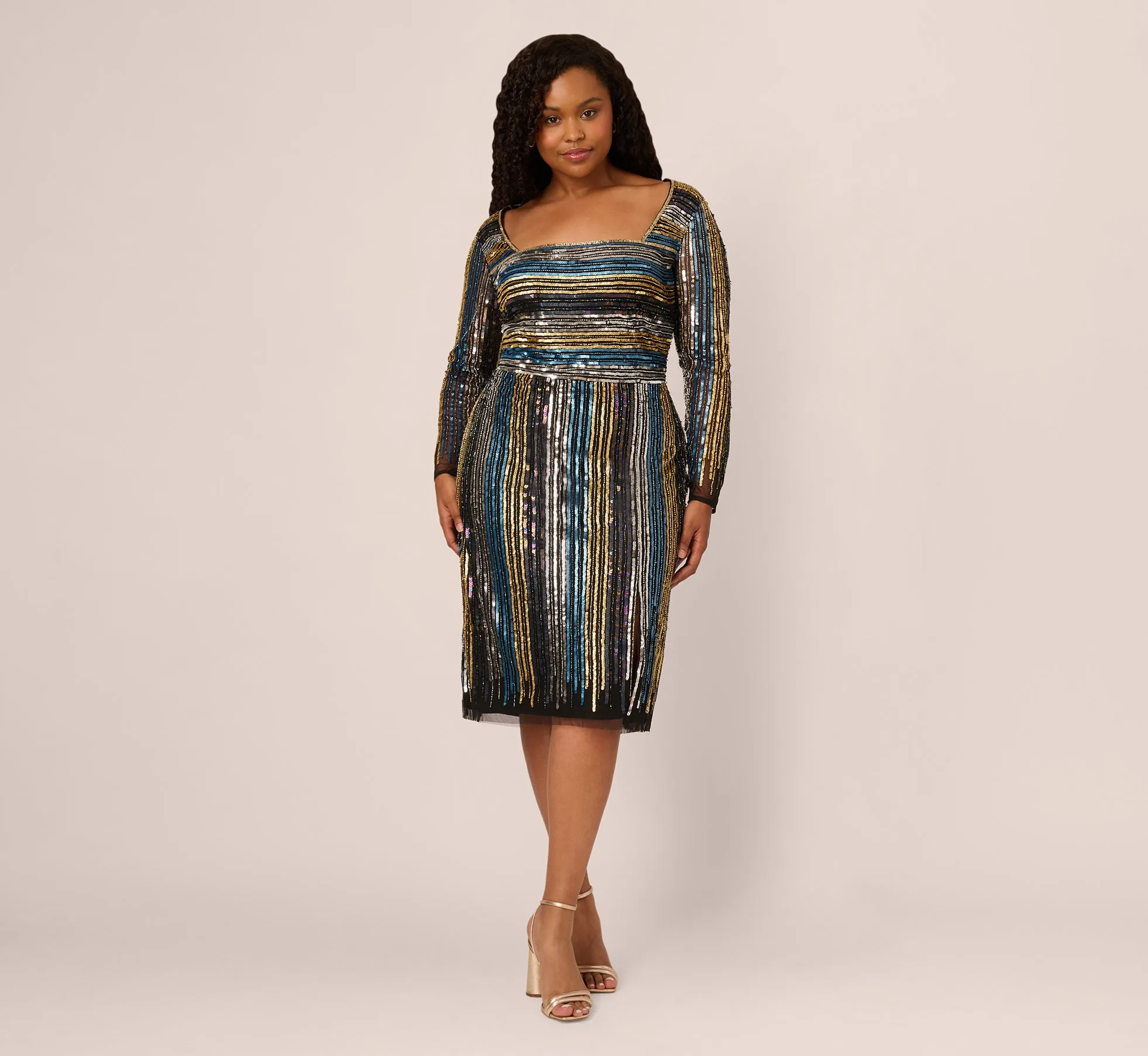 Plus Size Sequin Beaded Sheath Dress With Sheer Long Sleeves In Black Blue Multi sold by Adrianna Papell