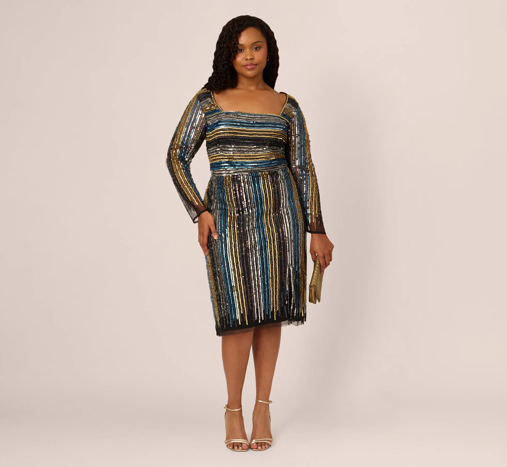 Plus Size Sequin Beaded Sheath Dress With Sheer Long Sleeves In Black Blue Multi sold by Adrianna Papell product image thumbnail 2