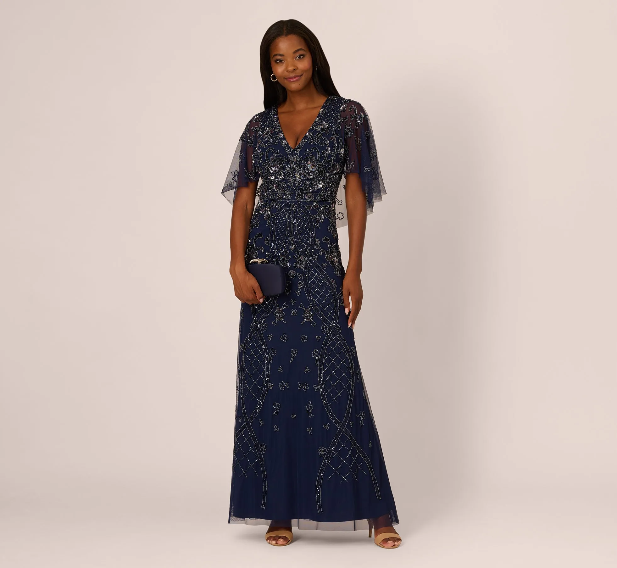Sequin Beaded Gown With Sheer Cape Sleeves In Light Navy sold by Adrianna Papell product image thumbnail 3