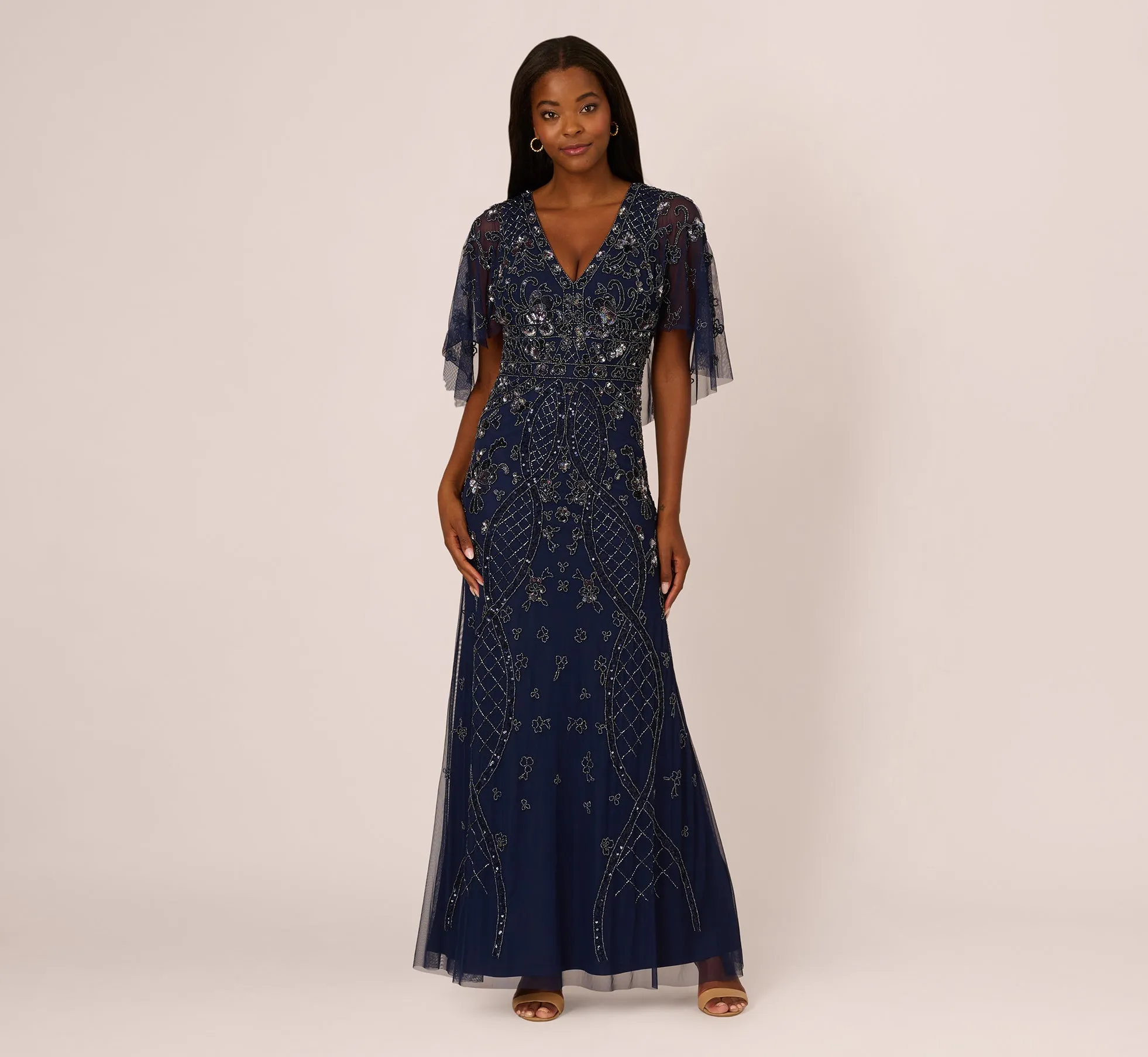 Sequin Beaded Gown With Sheer Cape Sleeves In Light Navy sold by Adrianna Papell product image thumbnail 2