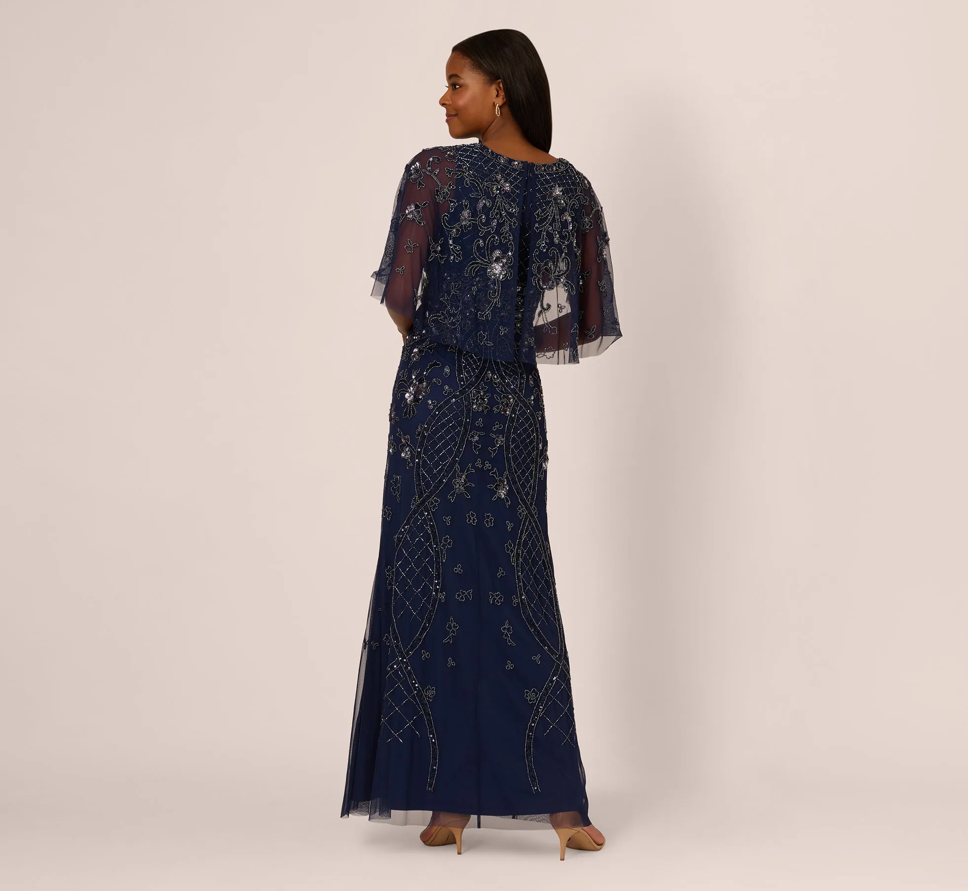 Sequin Beaded Gown With Sheer Cape Sleeves In Light Navy sold by Adrianna Papell product image thumbnail 5