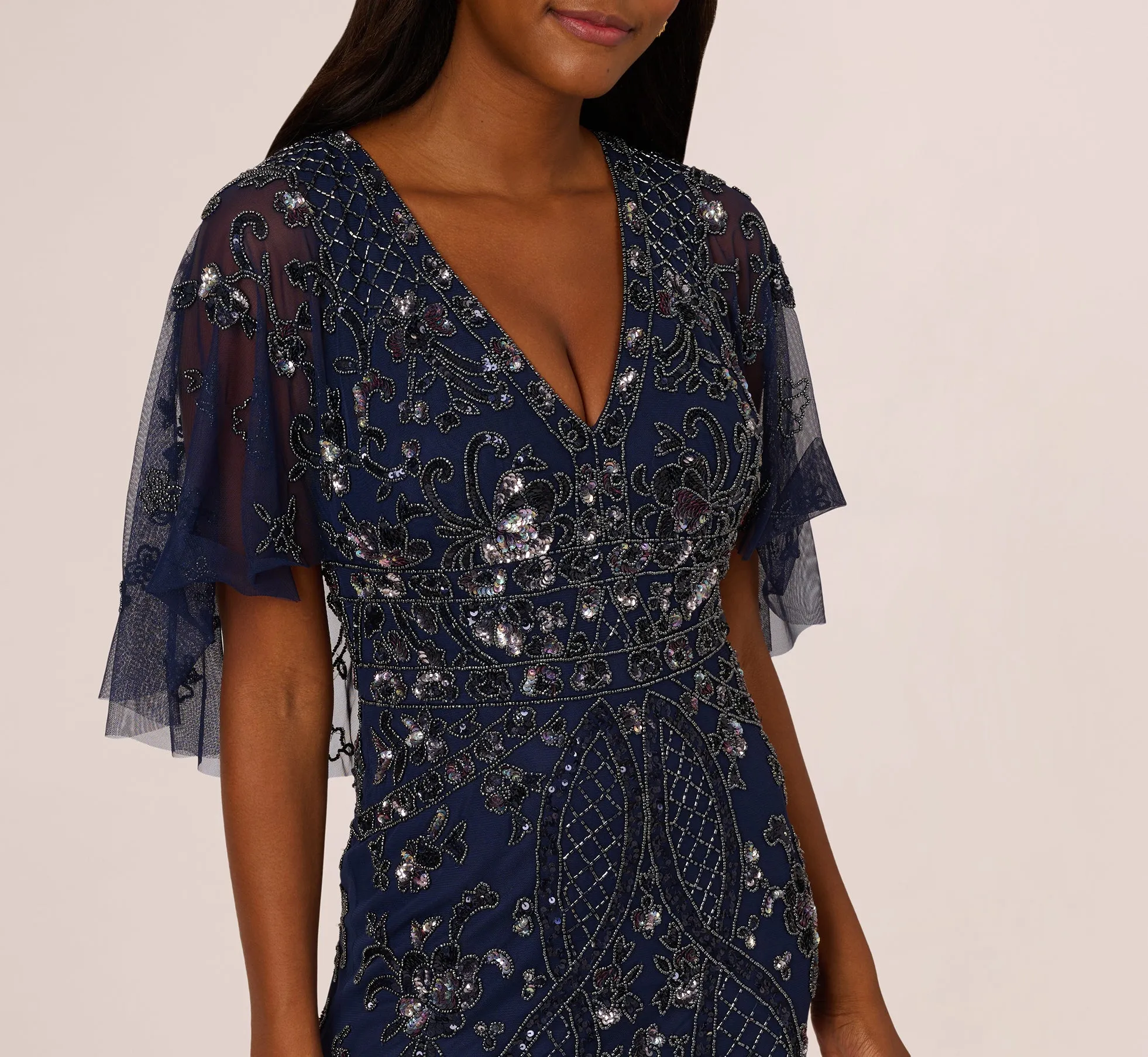 Sequin Beaded Gown With Sheer Cape Sleeves In Light Navy sold by Adrianna Papell product image thumbnail 4