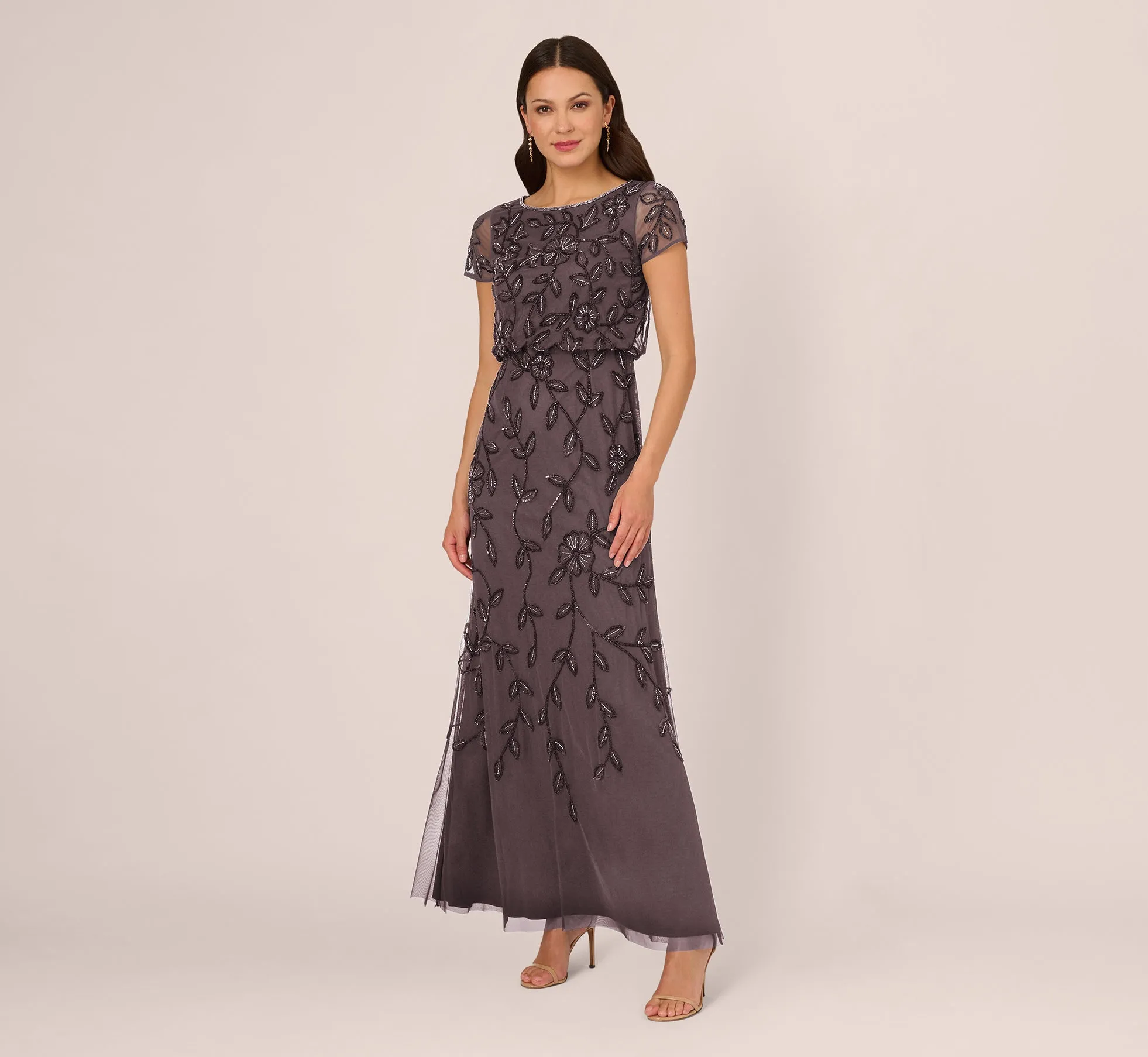 Jasmine Beaded Blouson Gown With Sheer Short Sleeves In Moonscape sold by Adrianna Papell