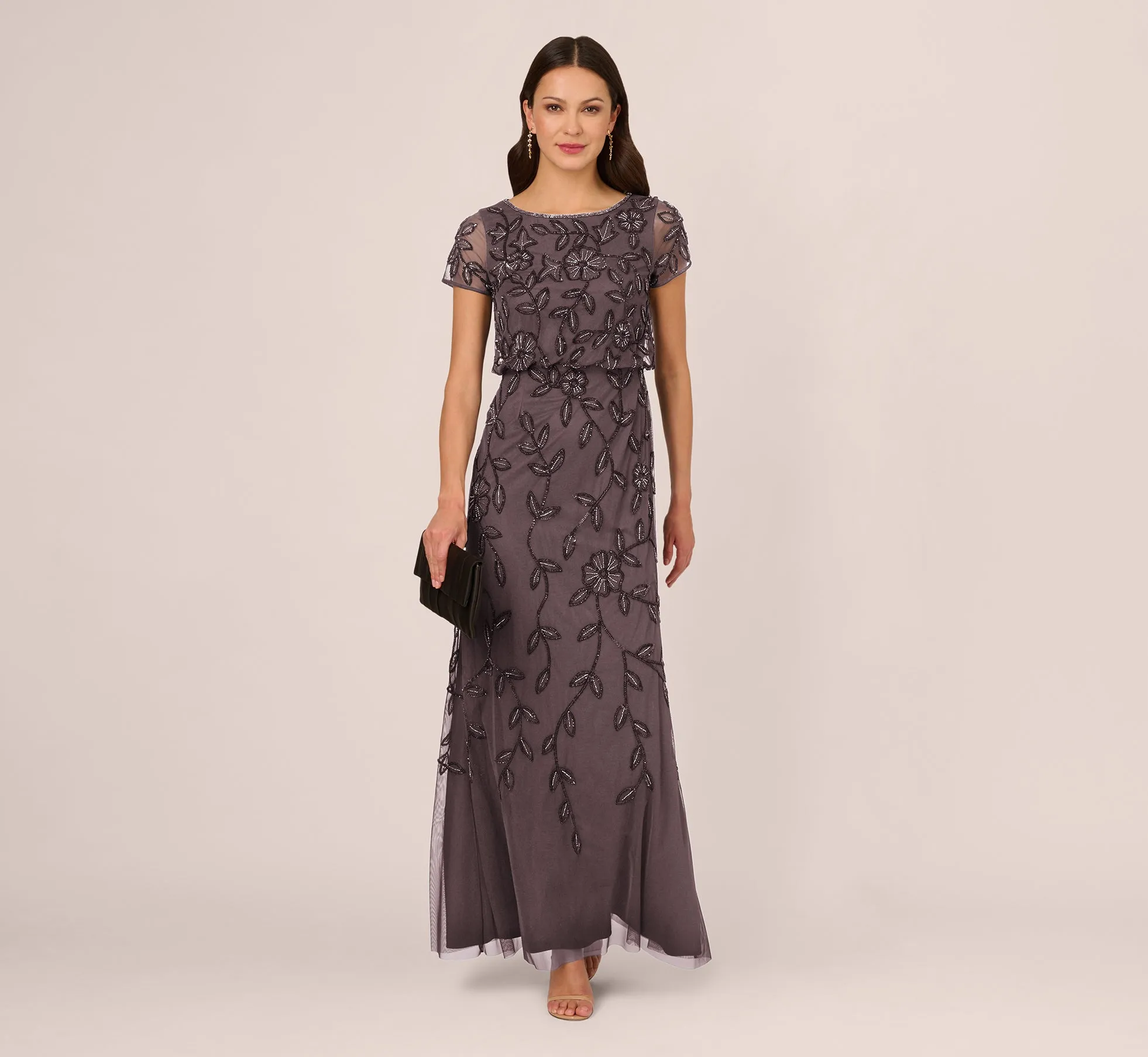 Jasmine Beaded Blouson Gown With Sheer Short Sleeves In Moonscape sold by Adrianna Papell product image thumbnail 2