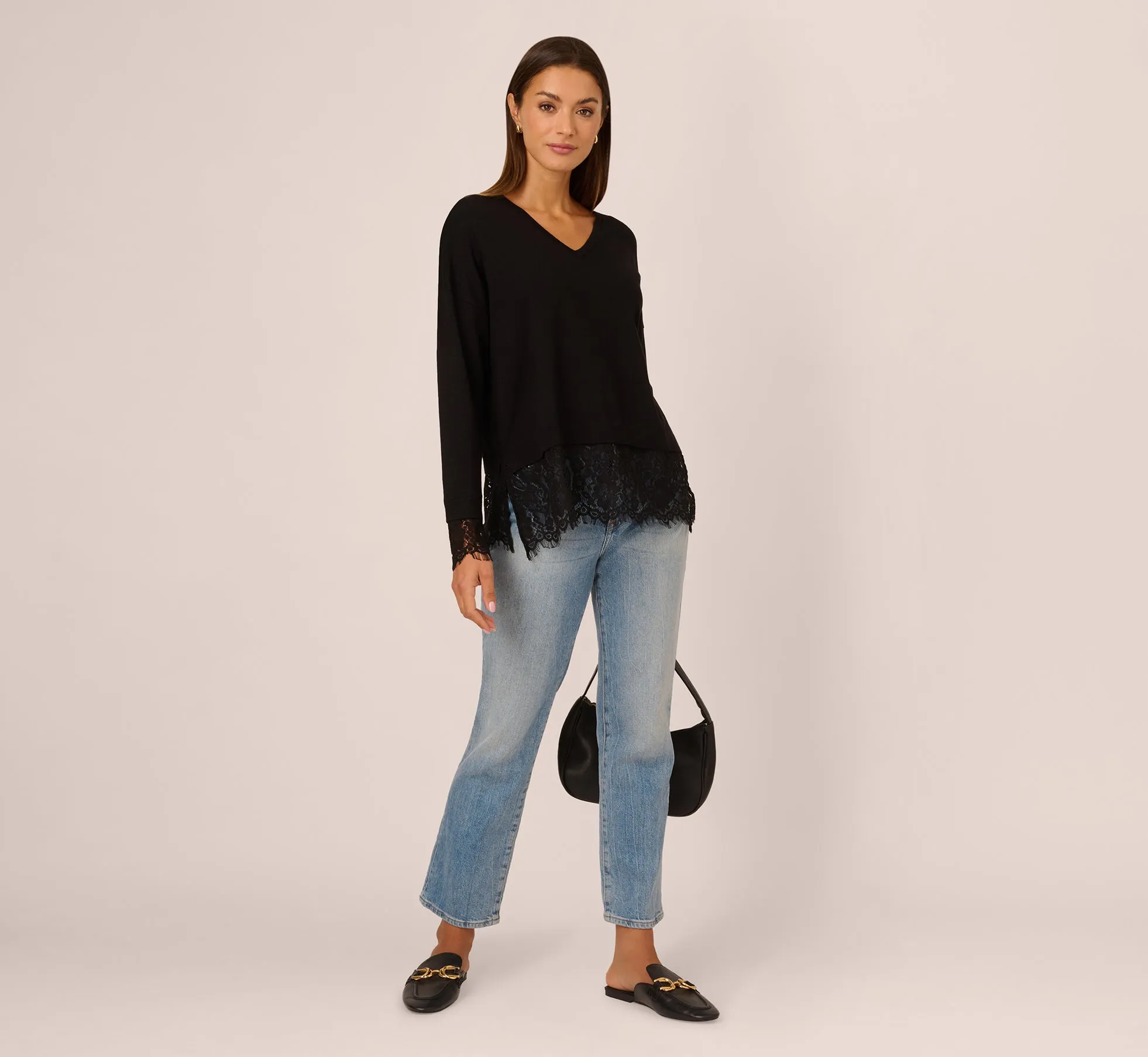 V Neck Lace Combo Twofer Sweater In Black sold by Adrianna Papell product image thumbnail 2