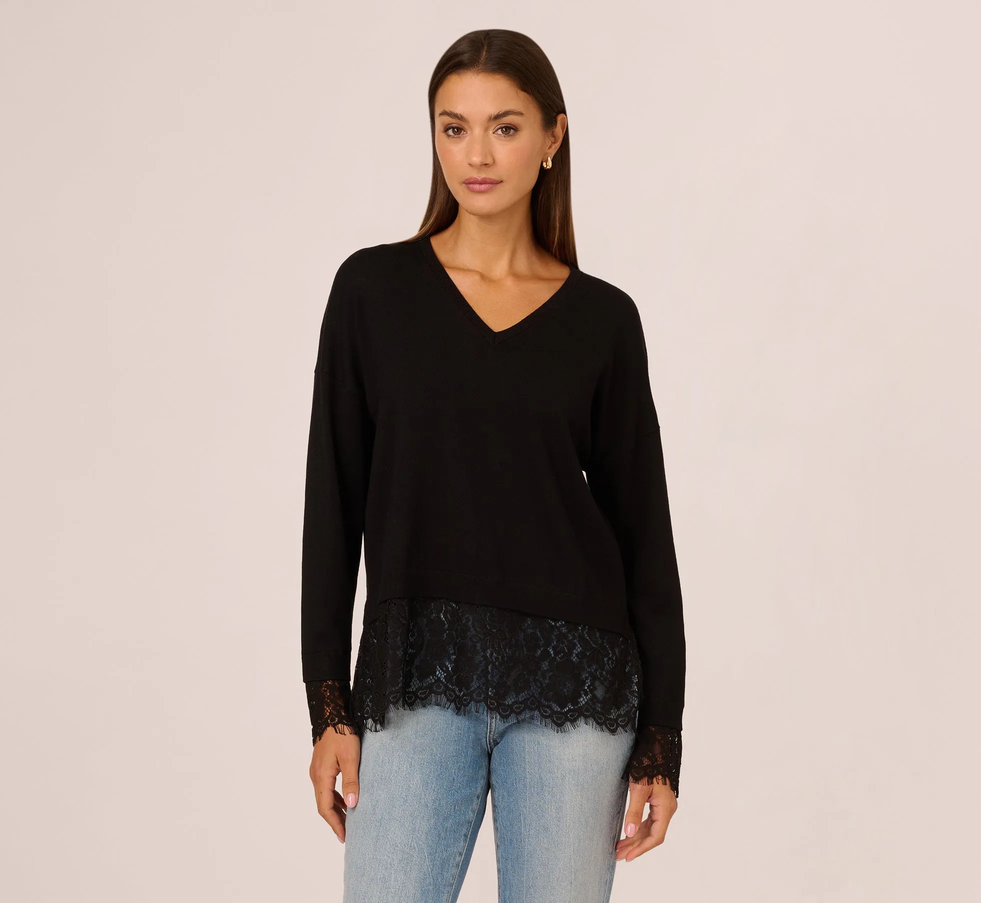 V Neck Lace Combo Twofer Sweater In Black sold by Adrianna Papell