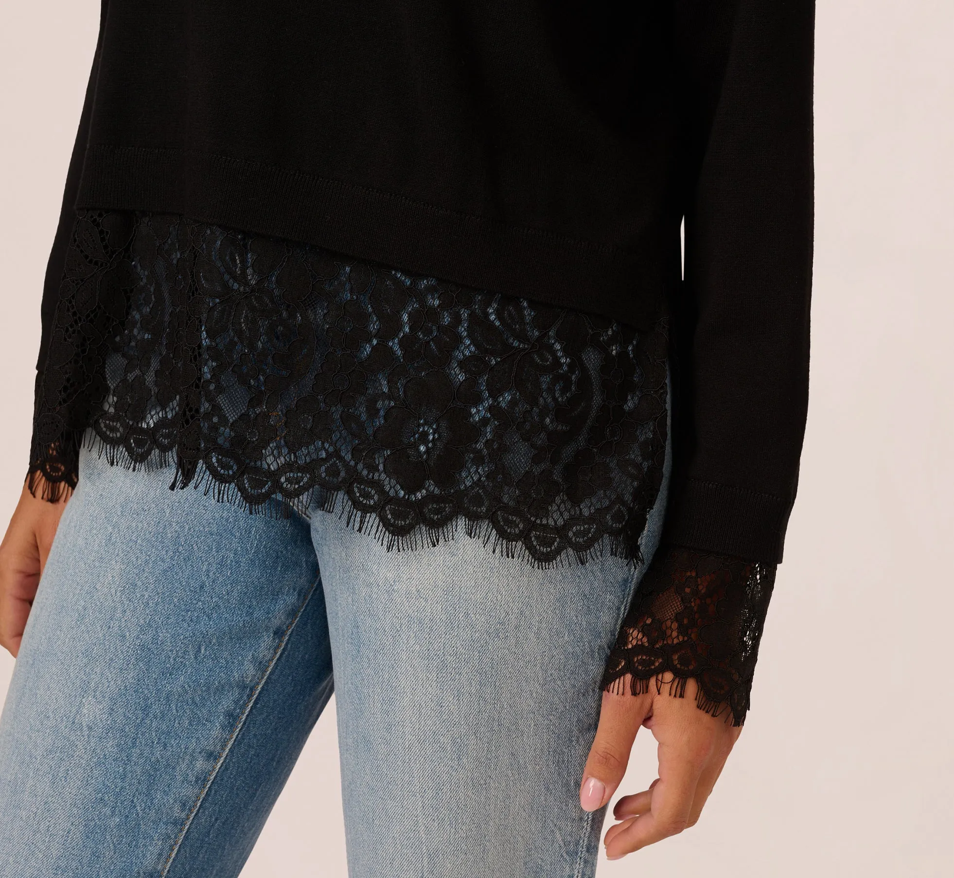 V Neck Lace Combo Twofer Sweater In Black sold by Adrianna Papell product image thumbnail 5
