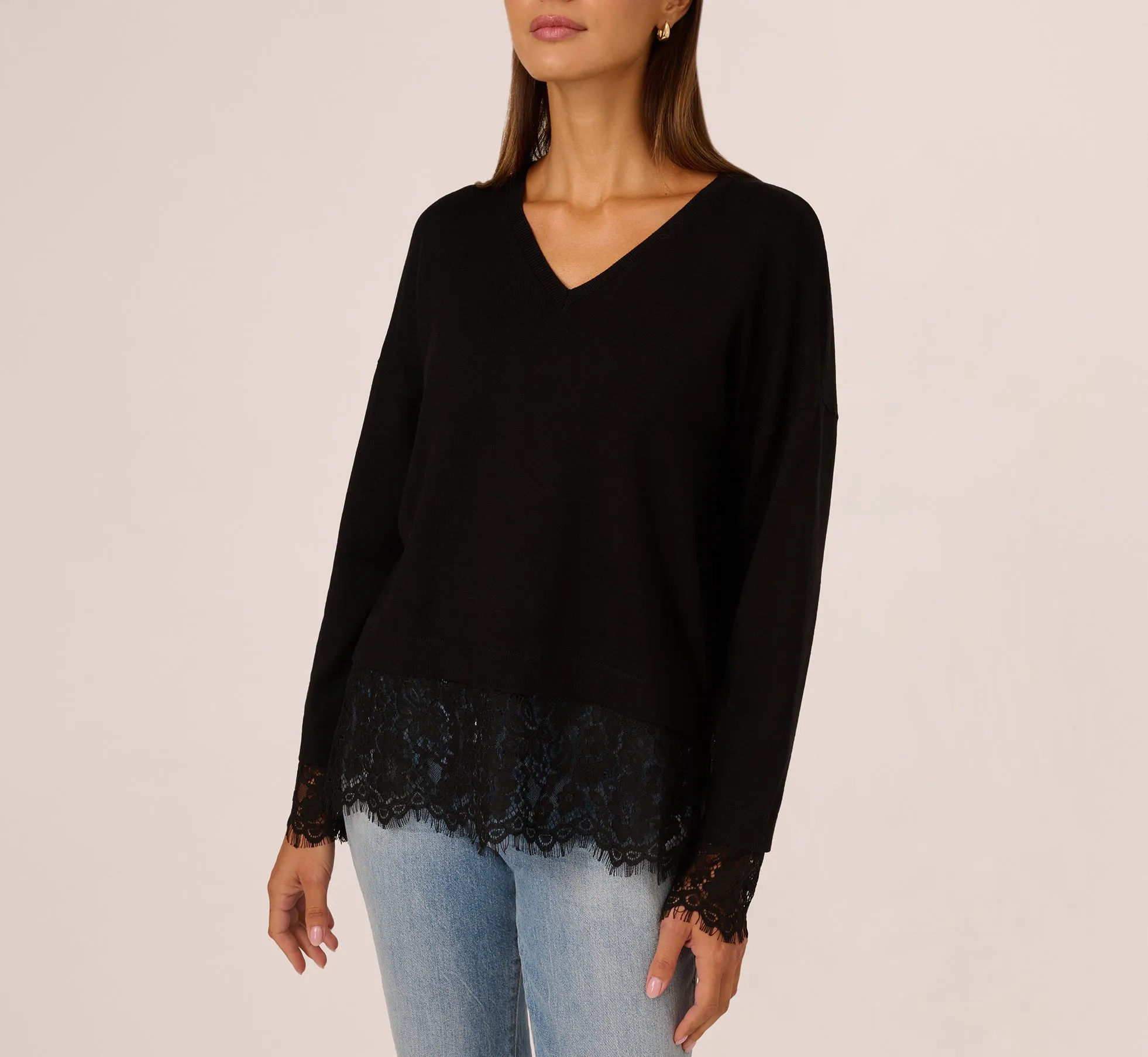 V Neck Lace Combo Twofer Sweater In Black sold by Adrianna Papell product image thumbnail 3