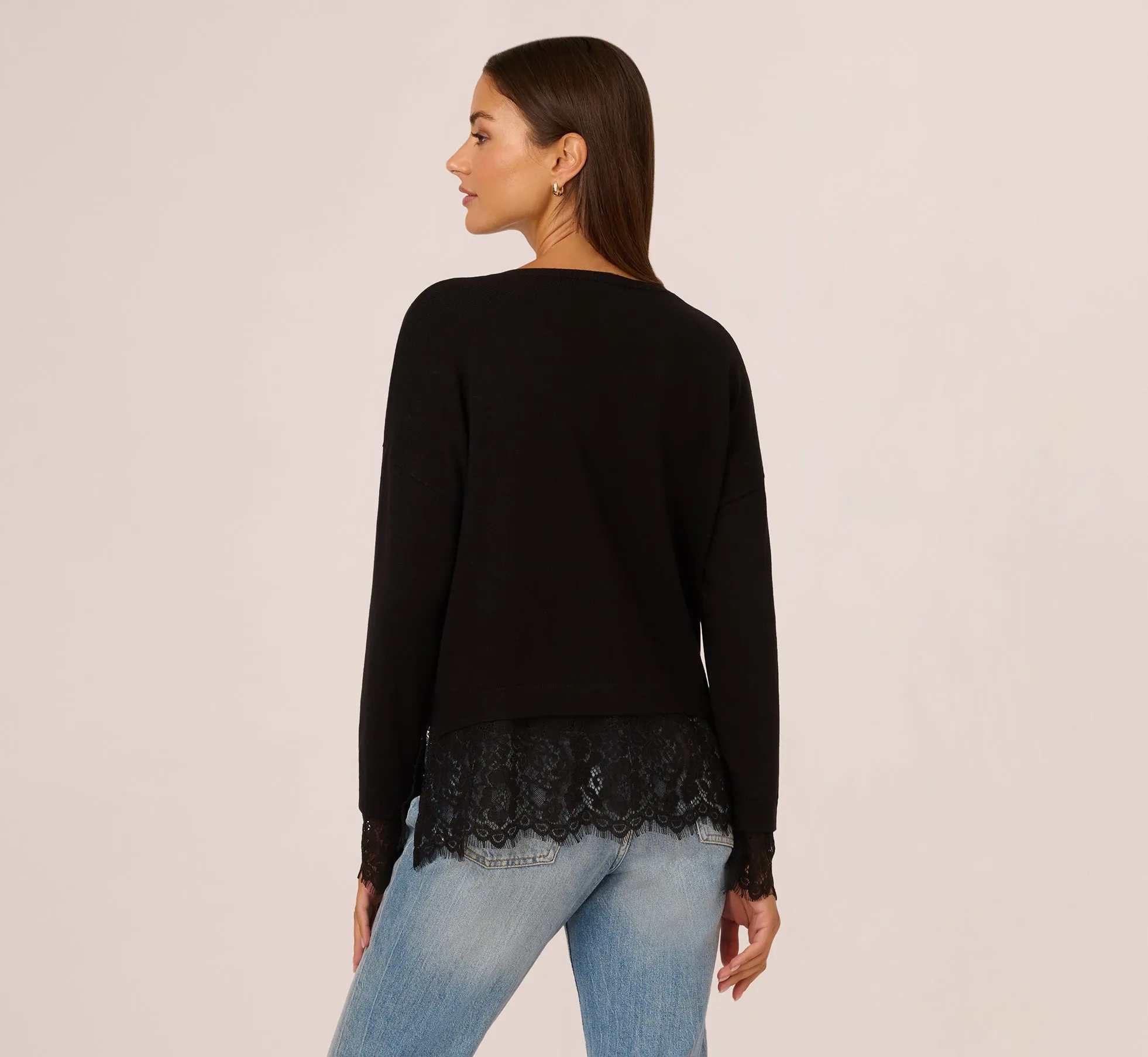 V Neck Lace Combo Twofer Sweater In Black sold by Adrianna Papell product image thumbnail 4