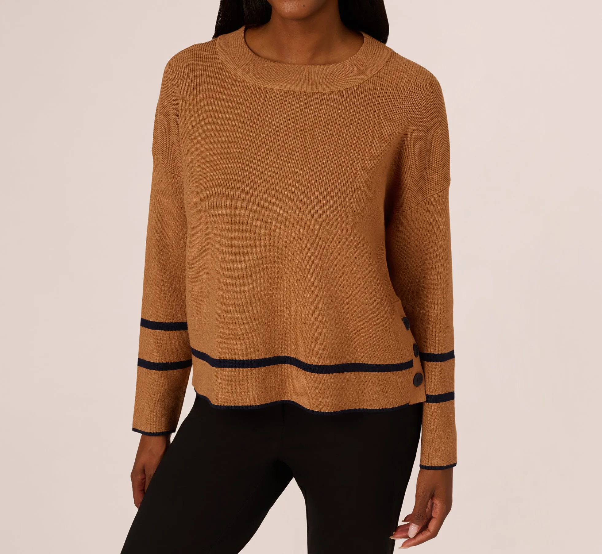 Crew Neck Pullover Sweater With Tipped Details In Camel Bluemoon sold by Adrianna Papell product image thumbnail 3