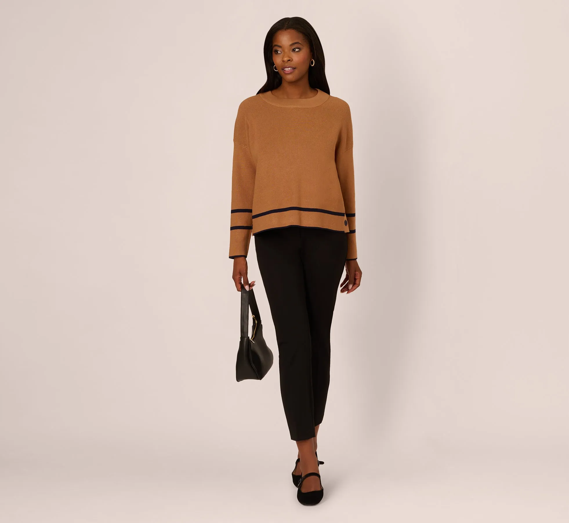 Crew Neck Pullover Sweater With Tipped Details In Camel Bluemoon sold by Adrianna Papell product image thumbnail 2