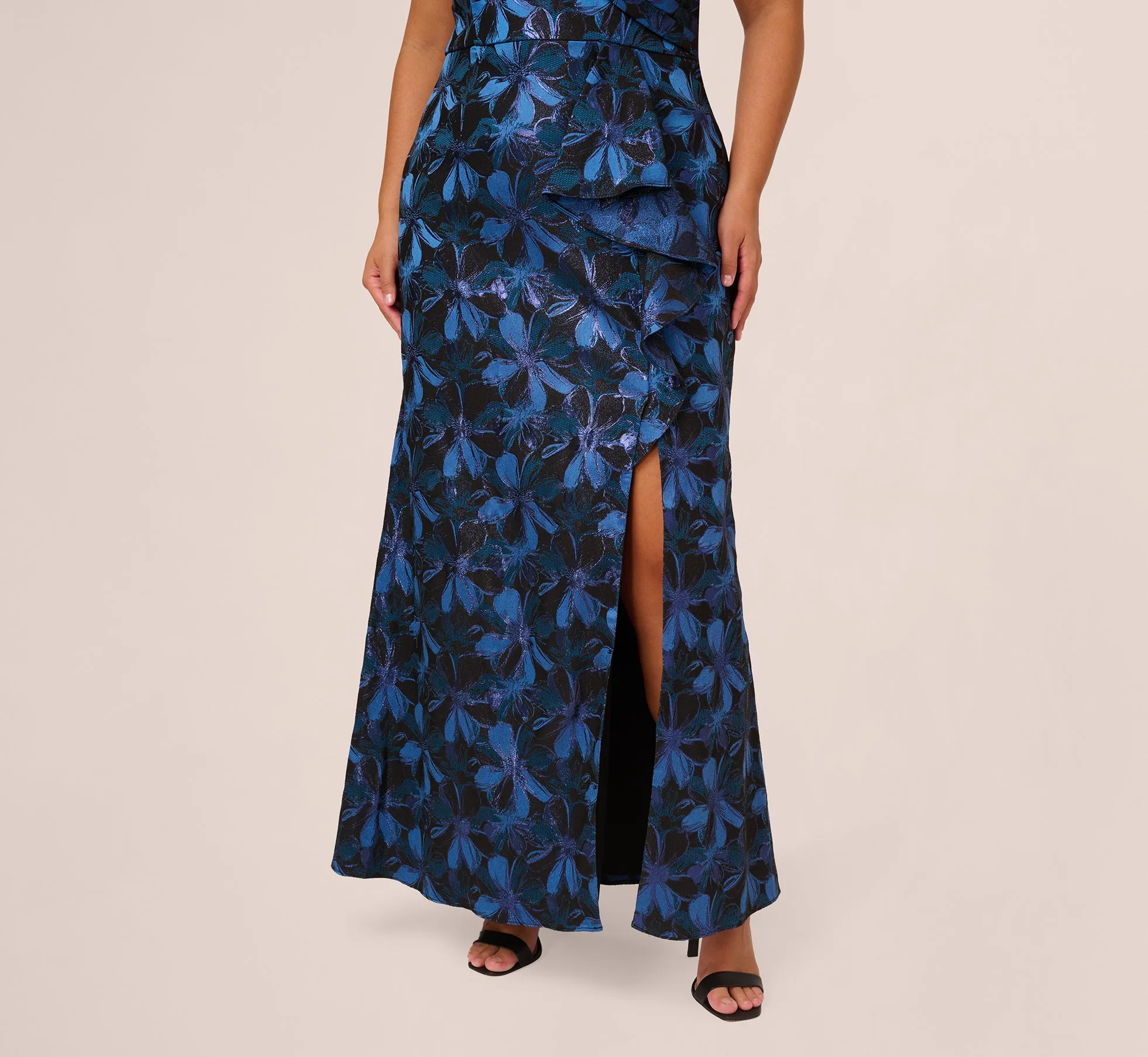 Plus Size Off Shoulder Jacquard Gown In Blue Multi sold by Adrianna Papell product image thumbnail 5