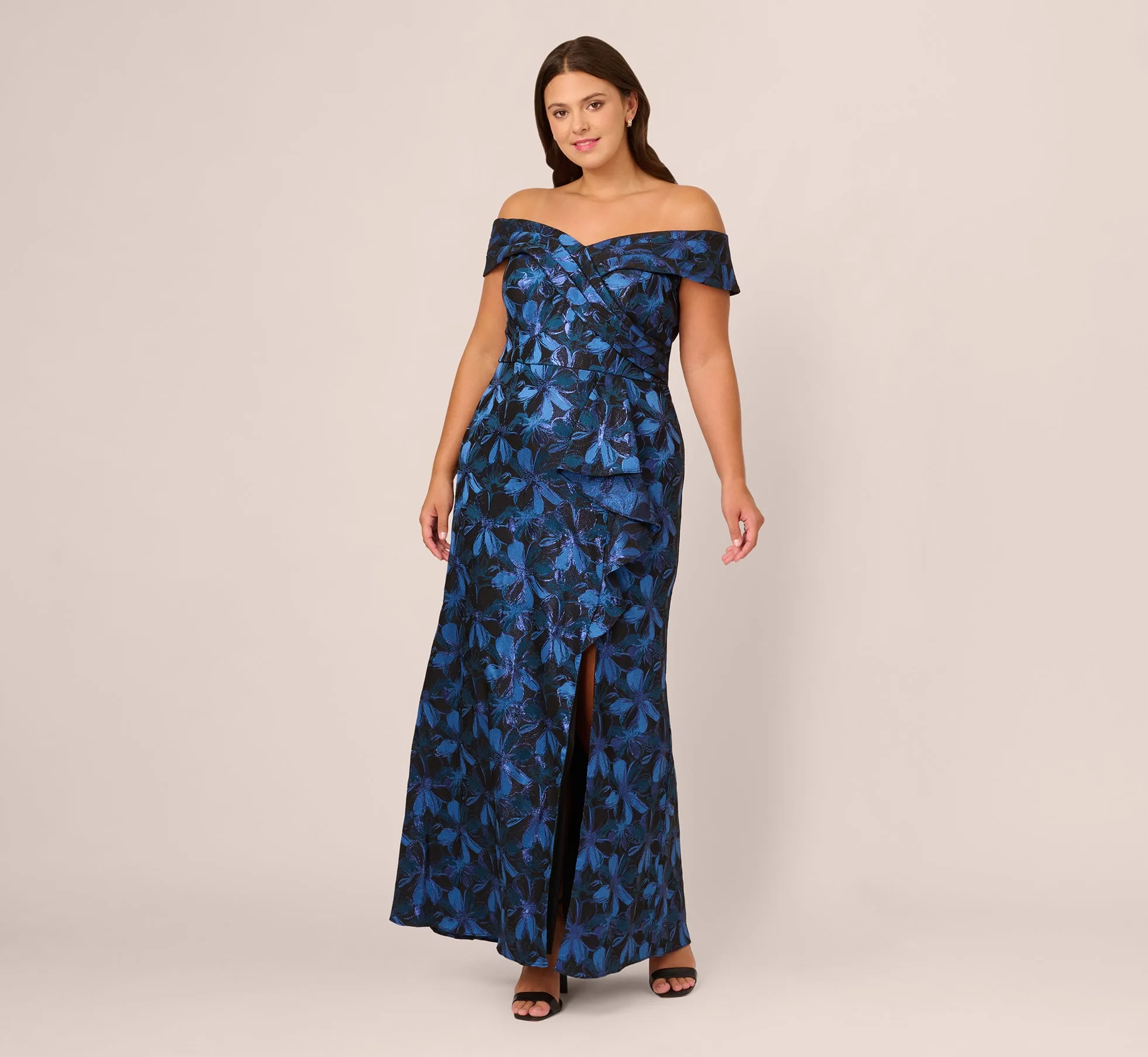 Plus Size Off Shoulder Jacquard Gown In Blue Multi sold by Adrianna Papell