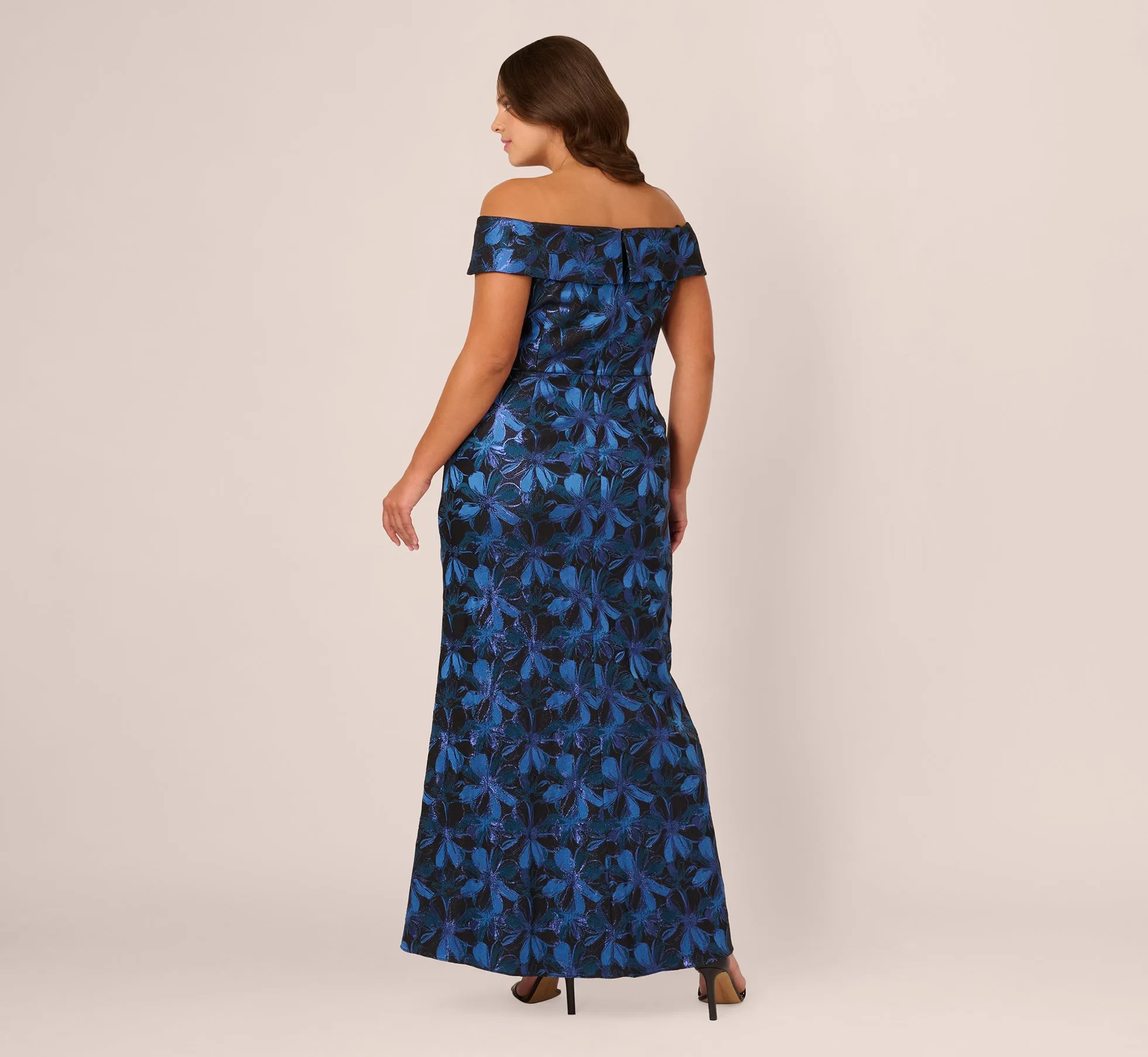 Plus Size Off Shoulder Jacquard Gown In Blue Multi sold by Adrianna Papell product image thumbnail 4