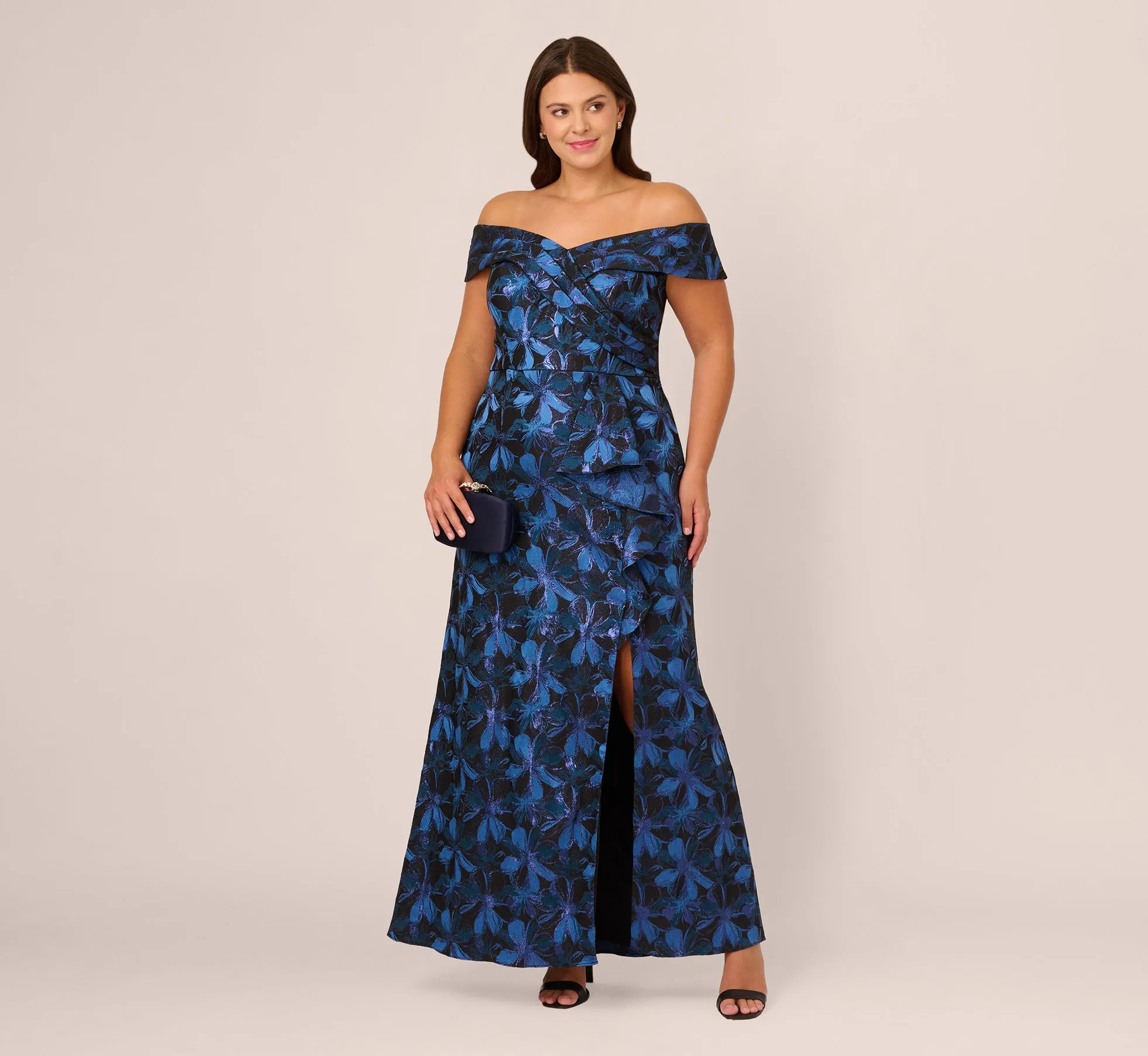Plus Size Off Shoulder Jacquard Gown In Blue Multi sold by Adrianna Papell product image thumbnail 2