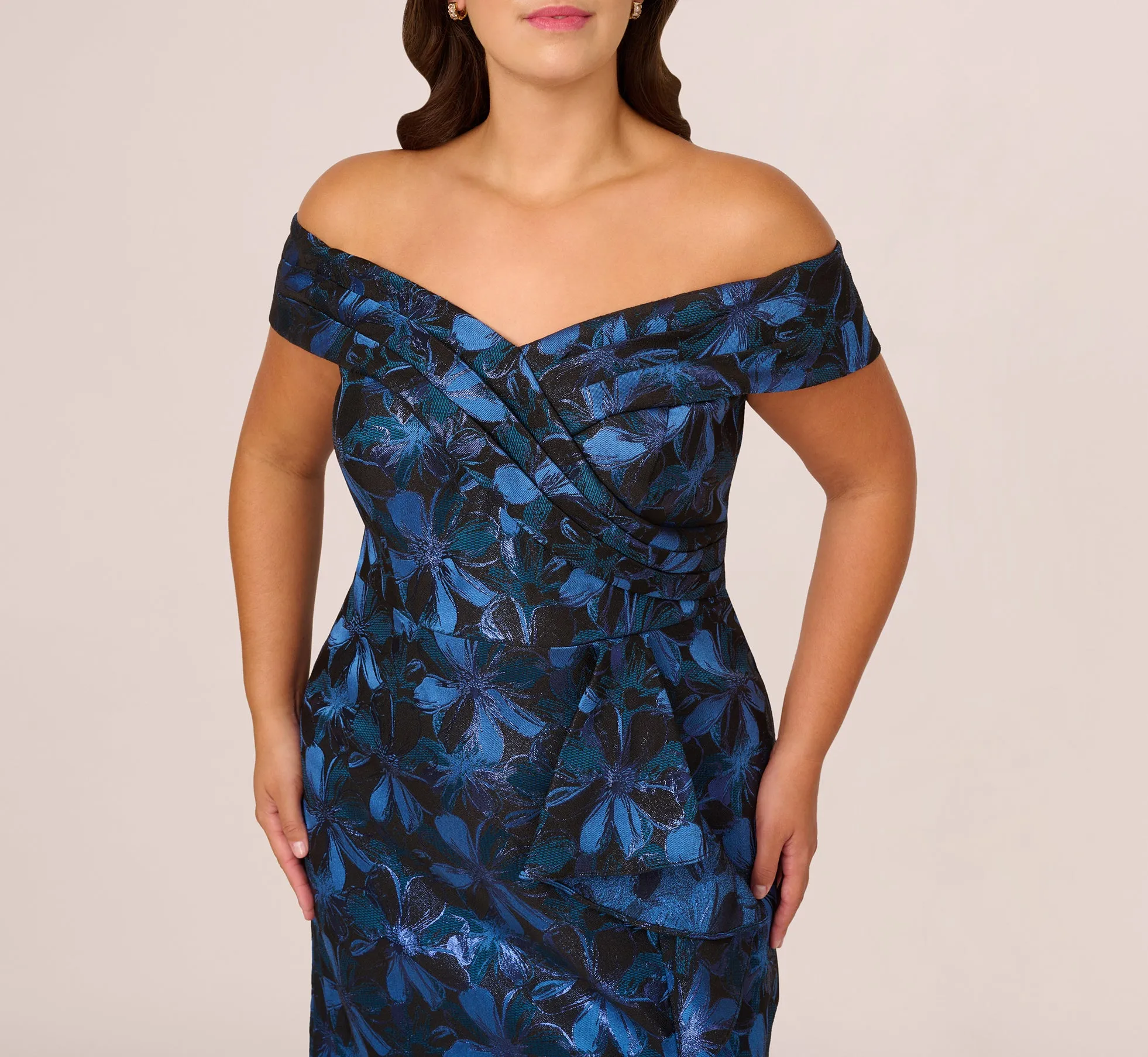 Plus Size Off Shoulder Jacquard Gown In Blue Multi sold by Adrianna Papell product image thumbnail 3