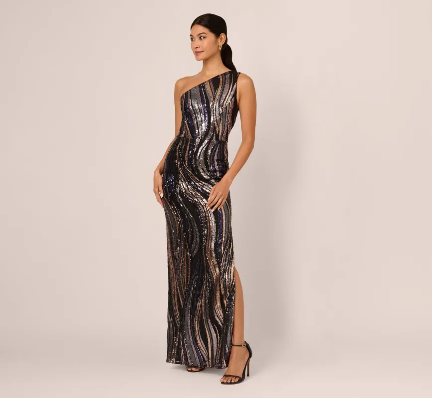 One Shoulder Abstract Sequin Gown In Black Multi sold by Adrianna Papell