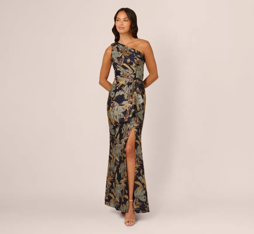 One Shoulder Jacquard Dress In Blue Gold made by Adrianna Papell
