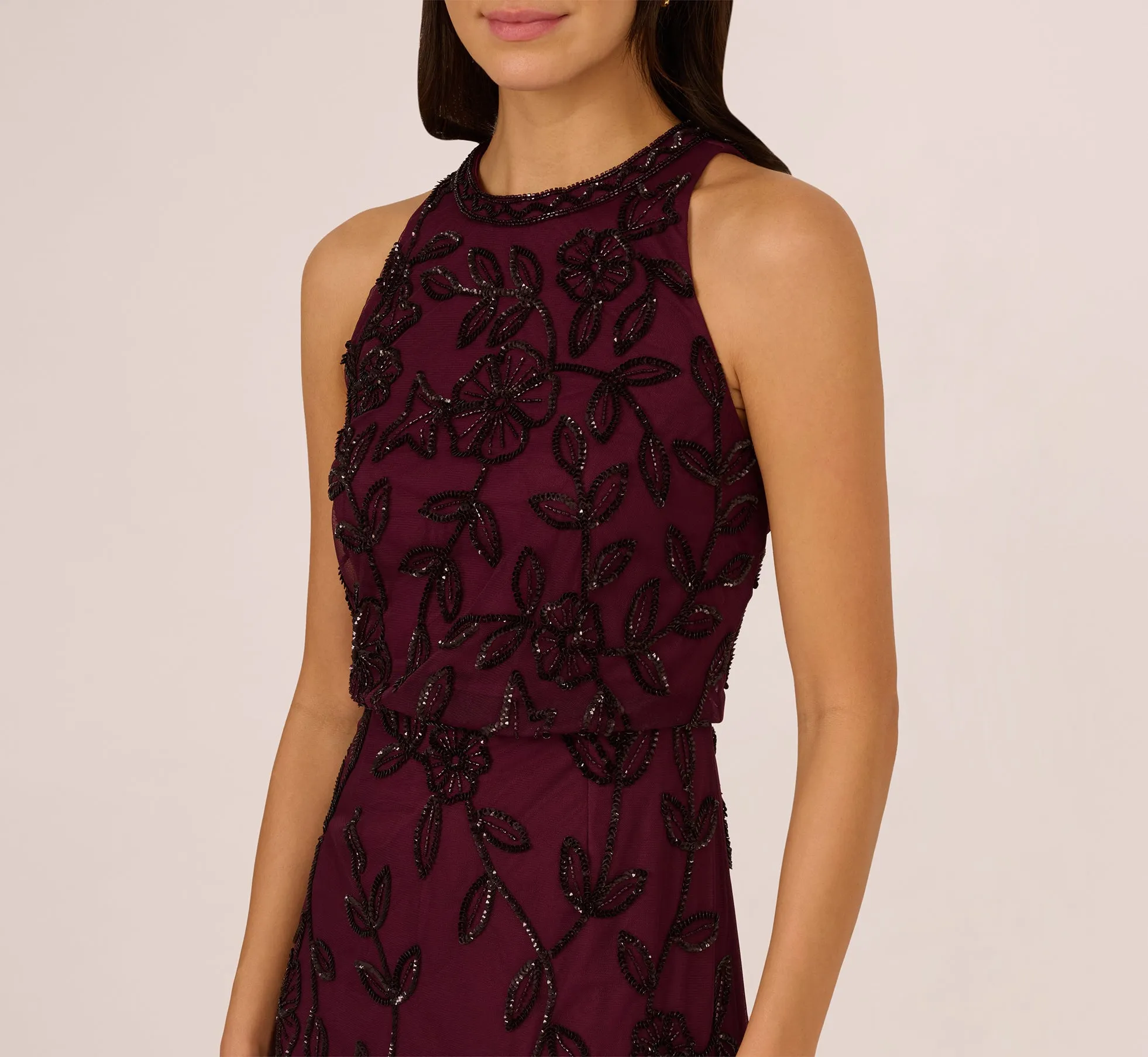 Sleeveless Blouson Mermaid Gown With Jasmine Beading In Cassis sold by Adrianna Papell product image thumbnail 3