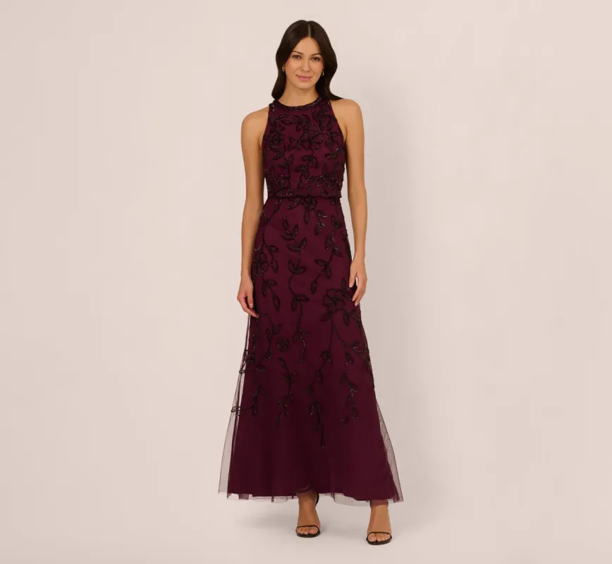 Sleeveless Blouson Mermaid Gown With Jasmine Beading In Cassis sold by Adrianna Papell