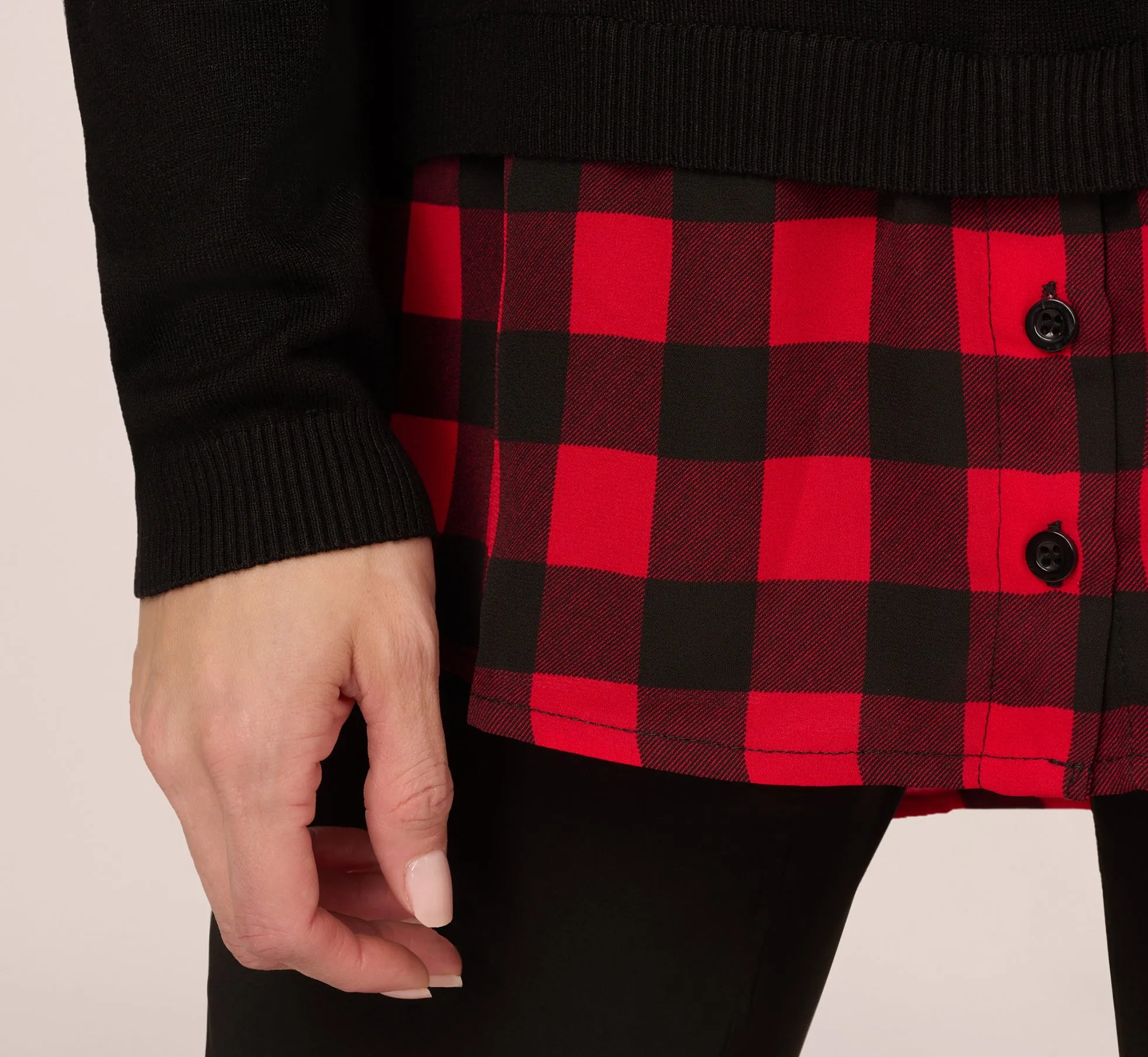 Long Sleeve Layered Sweater Top In Black W Red Buffalo Plaid sold by Adrianna Papell product image thumbnail 4