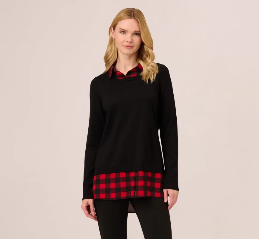 Long Sleeve Layered Sweater Top In Black W Red Buffalo Plaid sold by Adrianna Papell