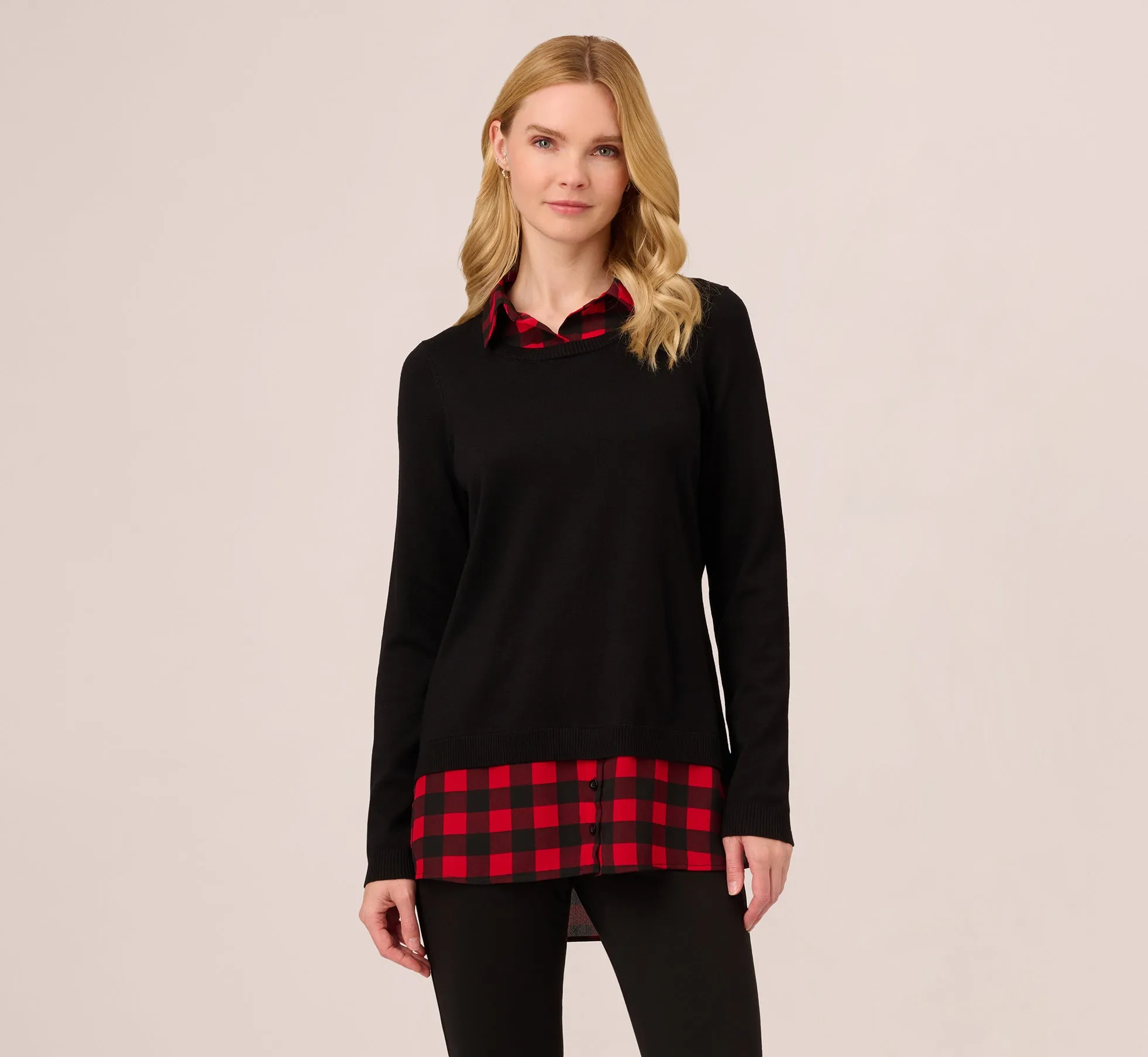 Long Sleeve Layered Sweater Top In Black W Red Buffalo Plaid sold by Adrianna Papell
