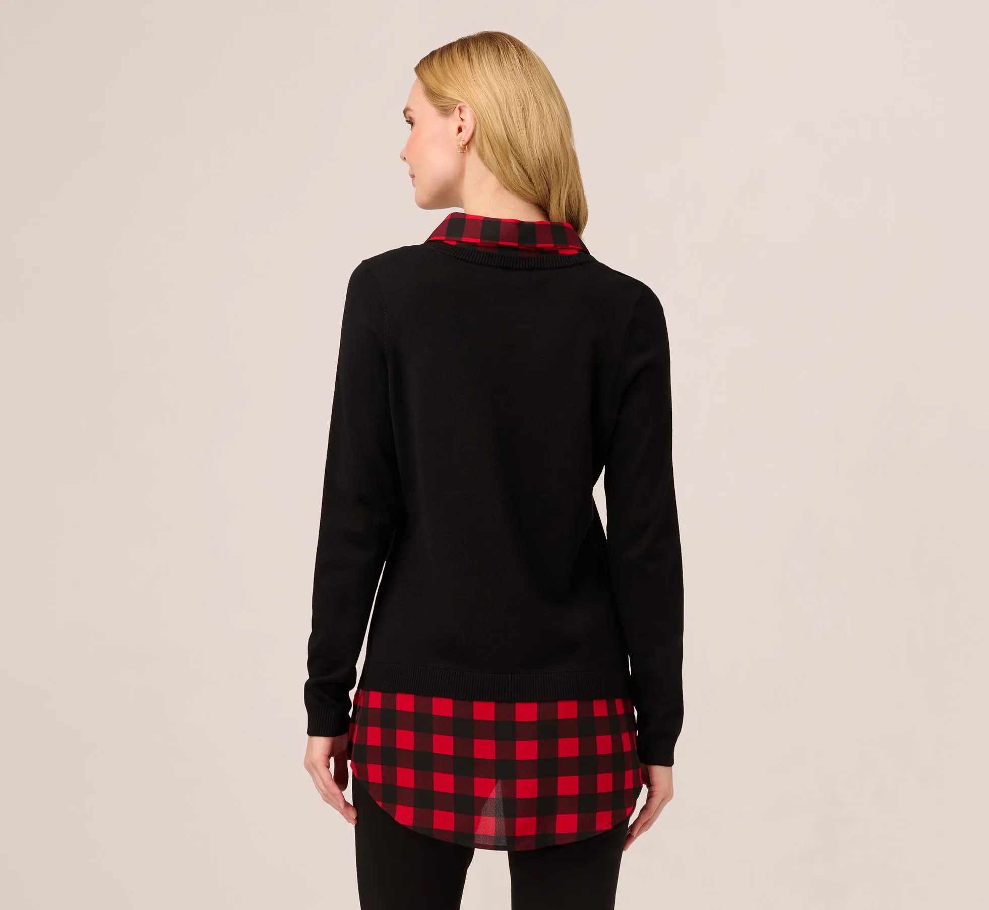 Long Sleeve Layered Sweater Top In Black W Red Buffalo Plaid sold by Adrianna Papell product image thumbnail 5